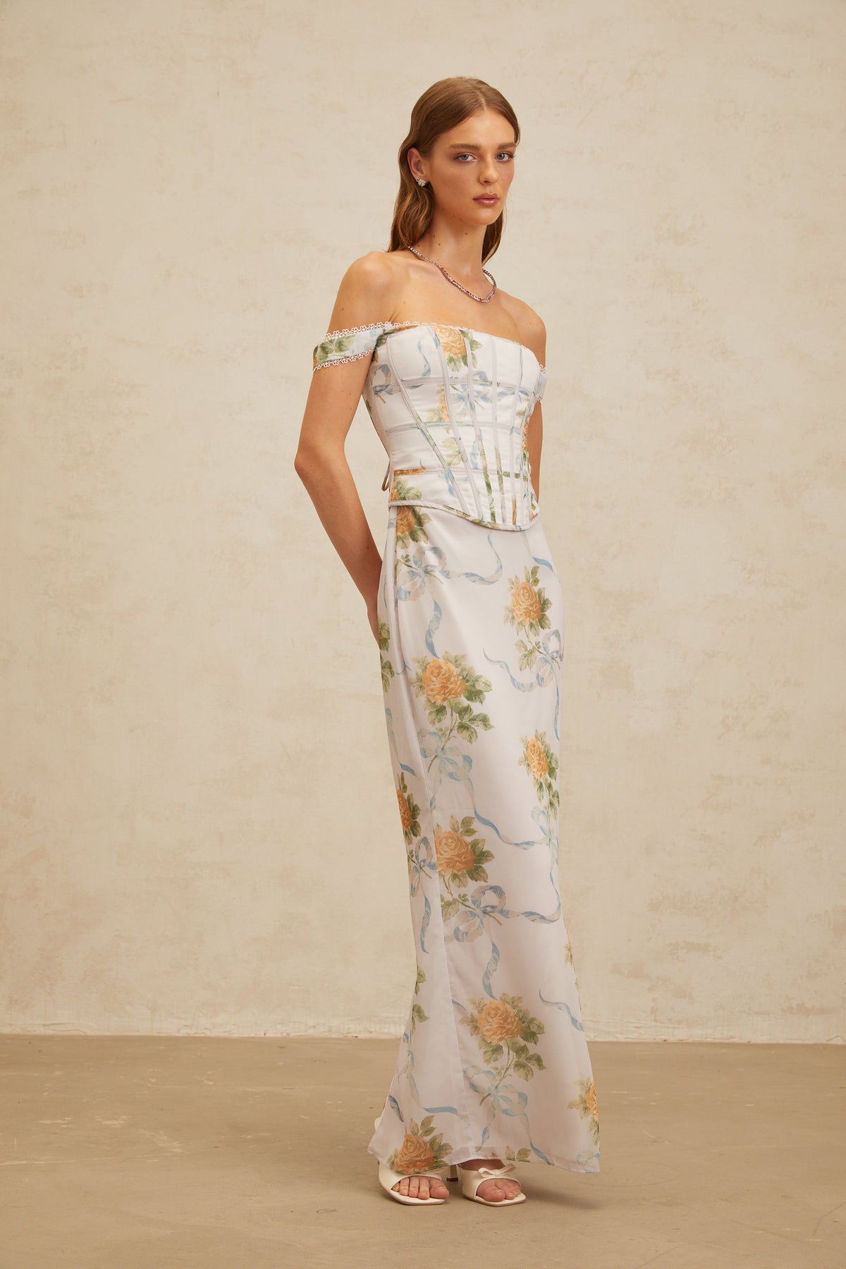 Béryl Soft-Blue Floral Print Fitted Maxi Dress