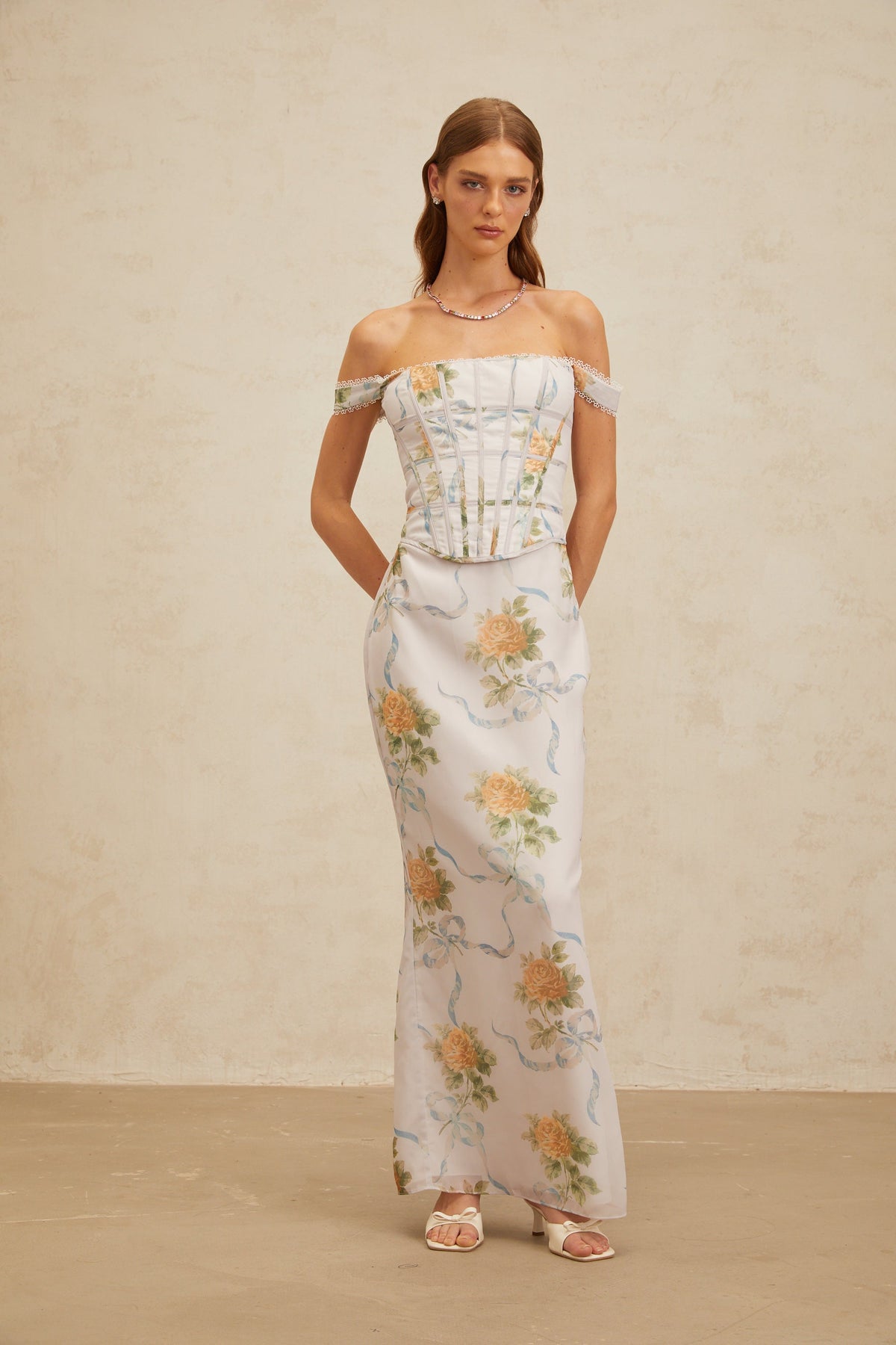 Béryl Soft-Blue Floral Print Fitted Maxi Dress