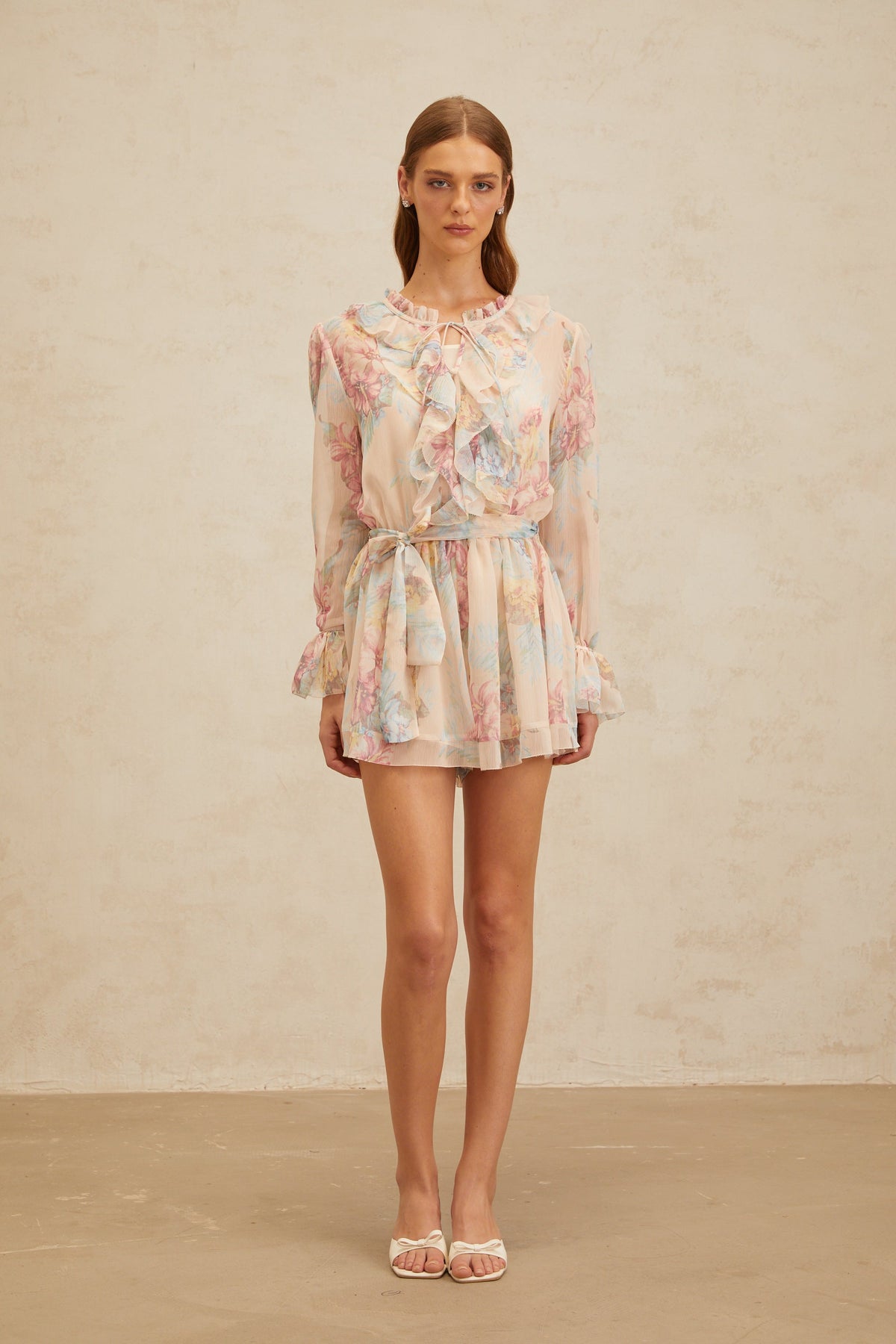Aurore Neutral Floral Print Ruffled Chiffon Playsuit (Final Sale)