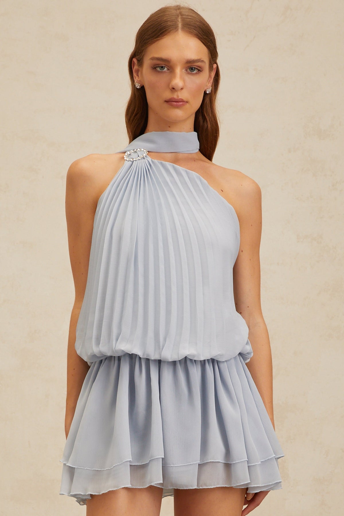 Angèle Blue Halterneck Fully Pleated Mini Dress (Final Sale)
