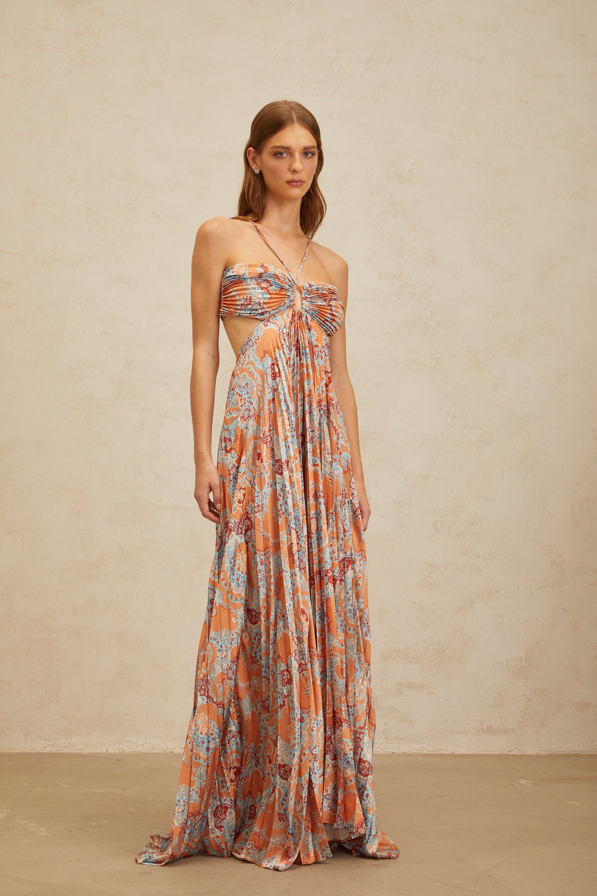 Andréa Orange Floral Print Pleated Maxi Dress with Cutout Detail