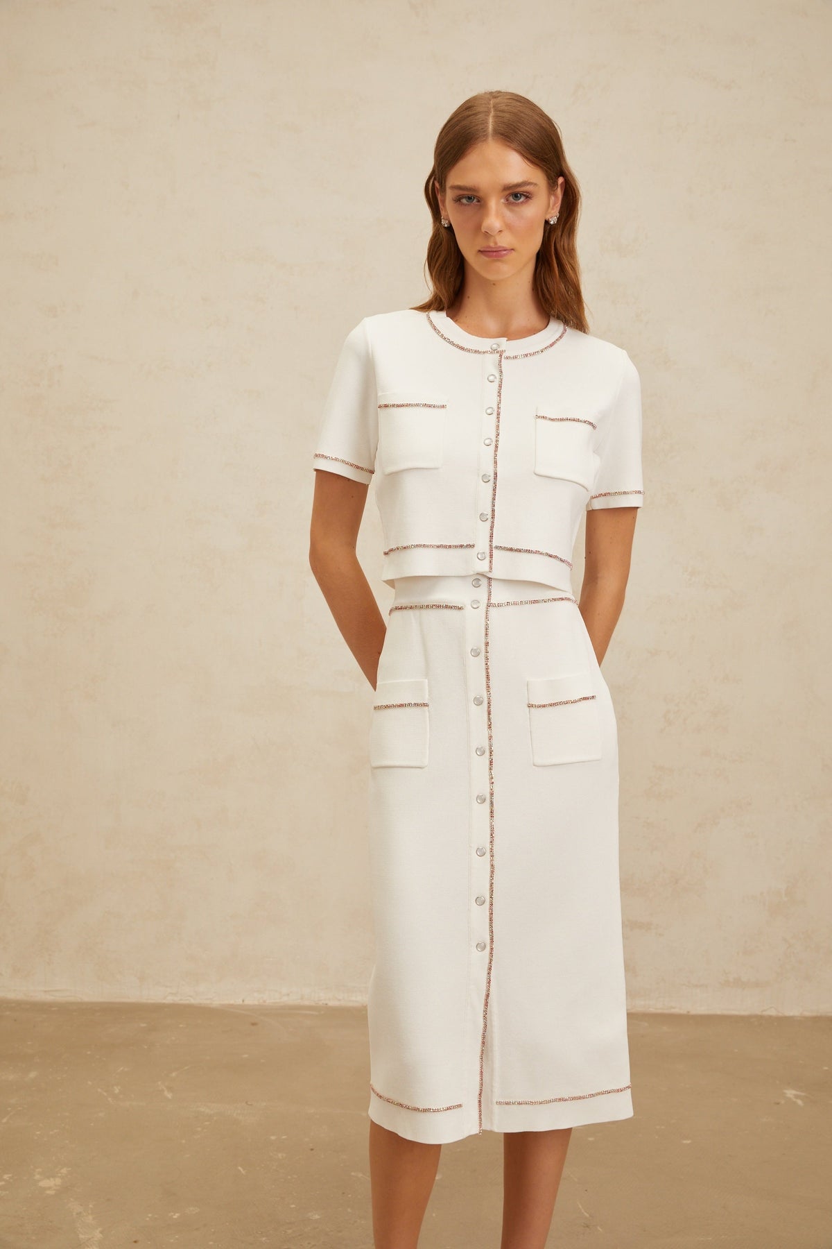 Clotilde White embellished Knit Top & Skirt Set