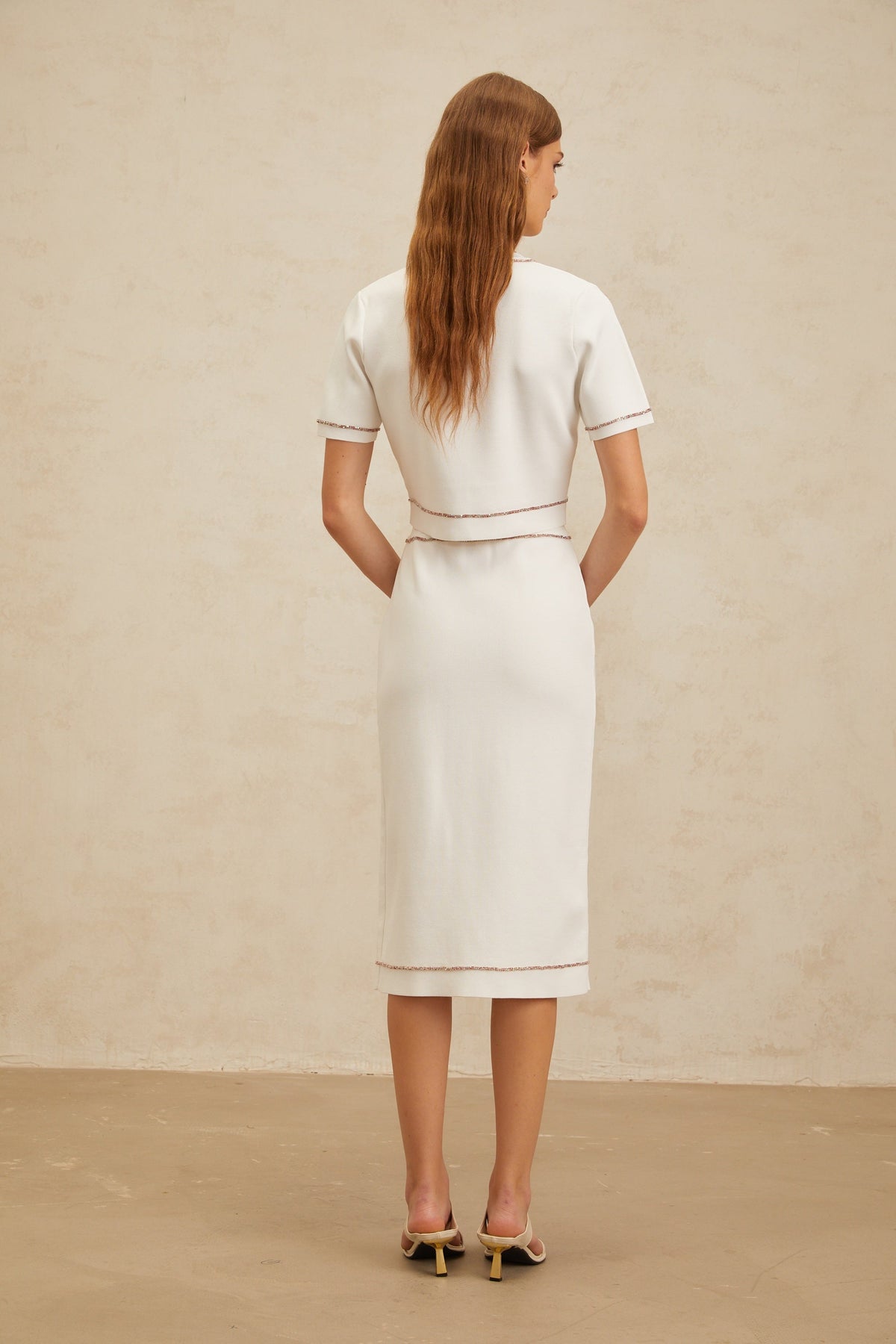 Clotilde White embellished Knit Top & Skirt Set