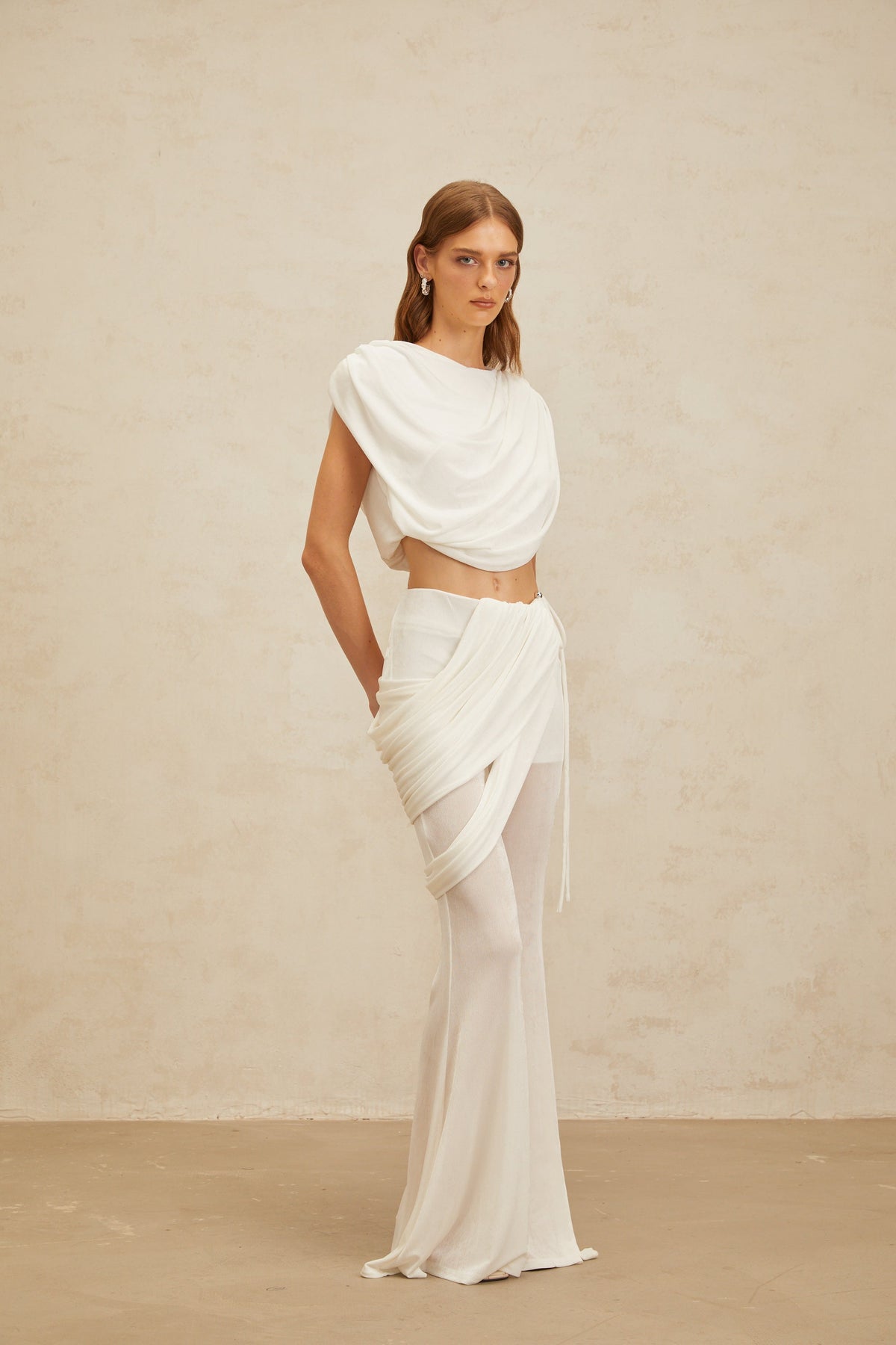 Dulcie White Asymmetrical Ruched Matching Set