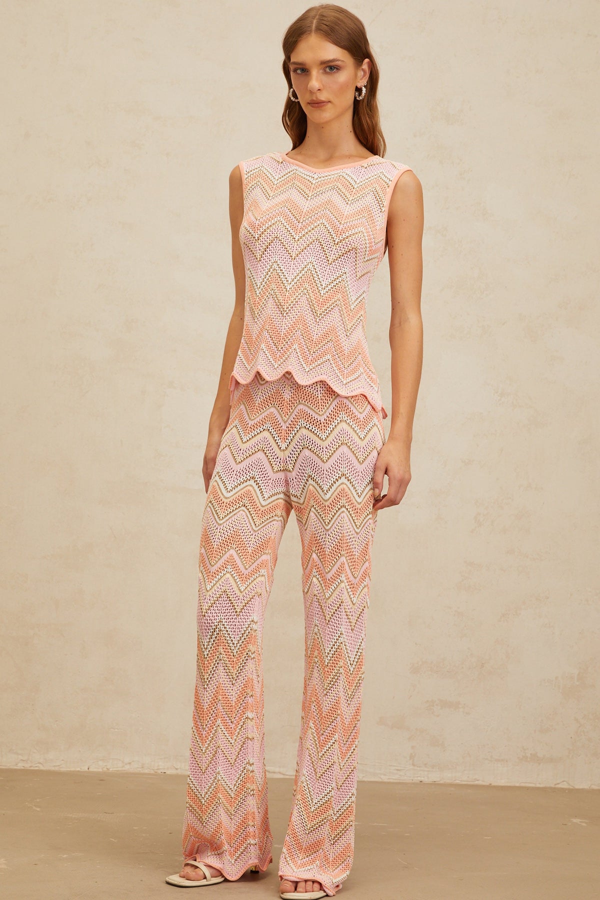 Irina Pink Zigzag Pointelle Knit Matching Set