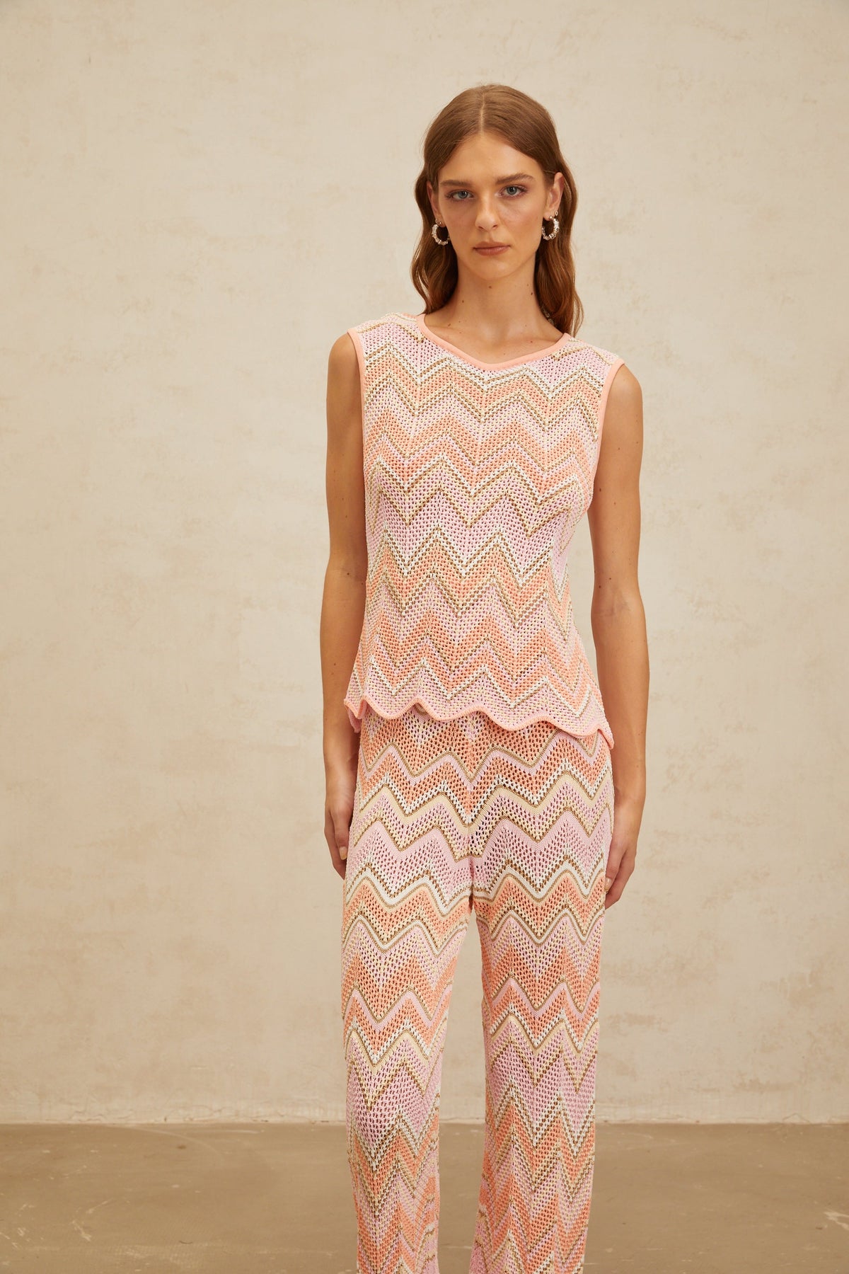 Irina Pink Zigzag Pointelle Knit Matching Set