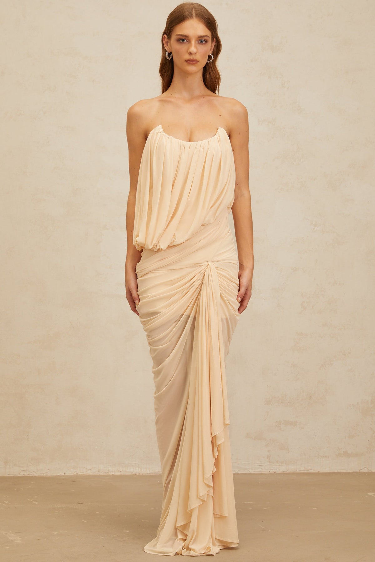 Xénia Neutrals Draped Ruched Maxi Dress