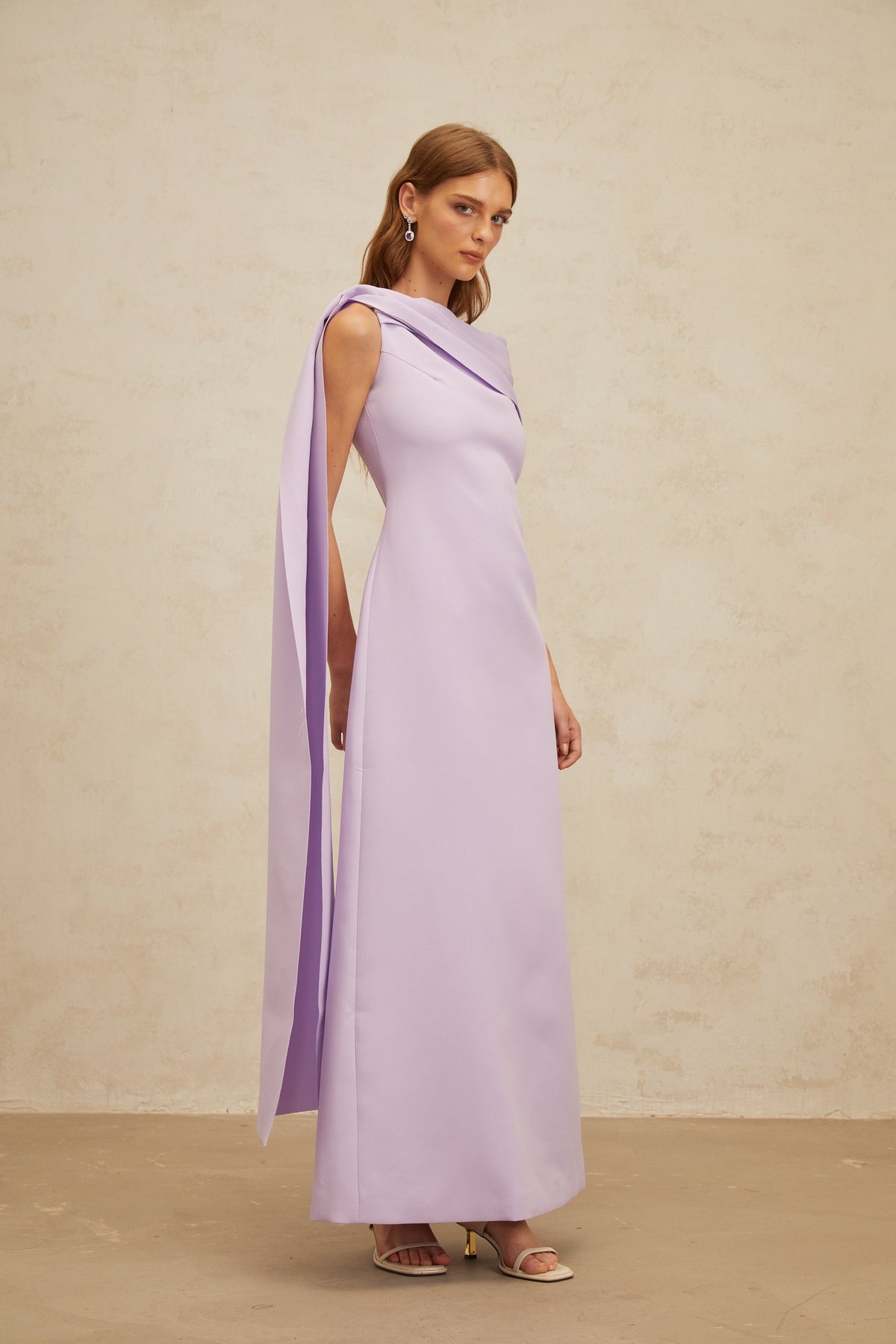 Annabelle Purple Cape-Design Ribbon Maxi Dress (Final Sale-US Only)