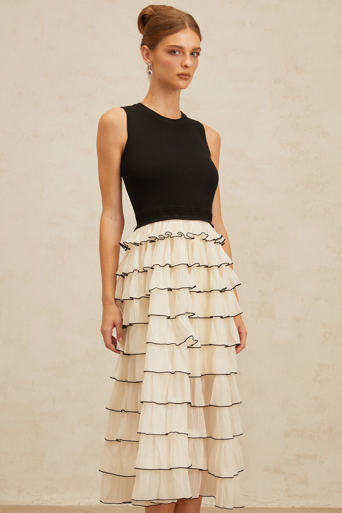 Anouk Contrast Color Tiered Panelled Midi Dress