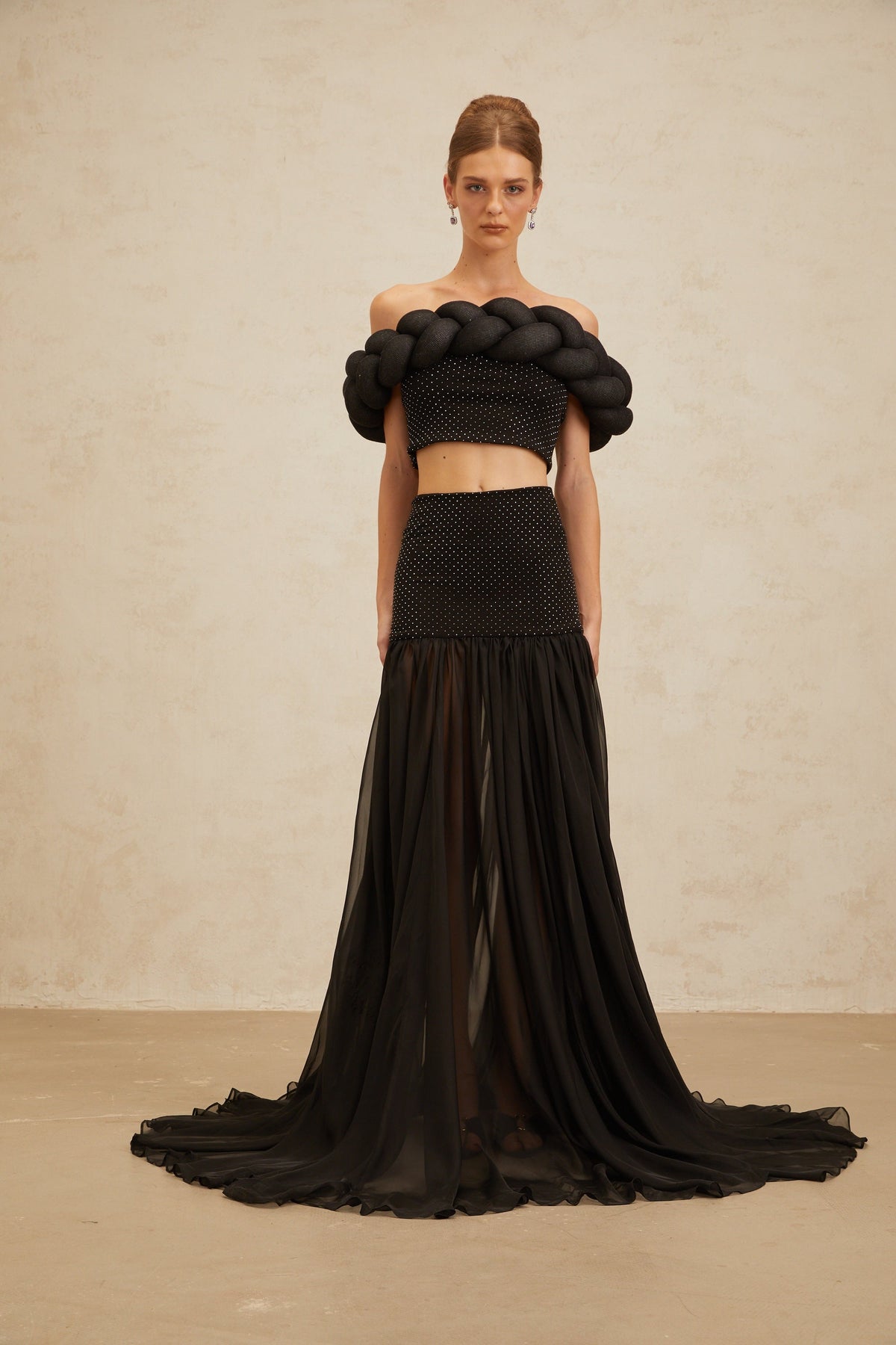 Camille Black Braid-Detail Rhinestone Embellished Crop Top