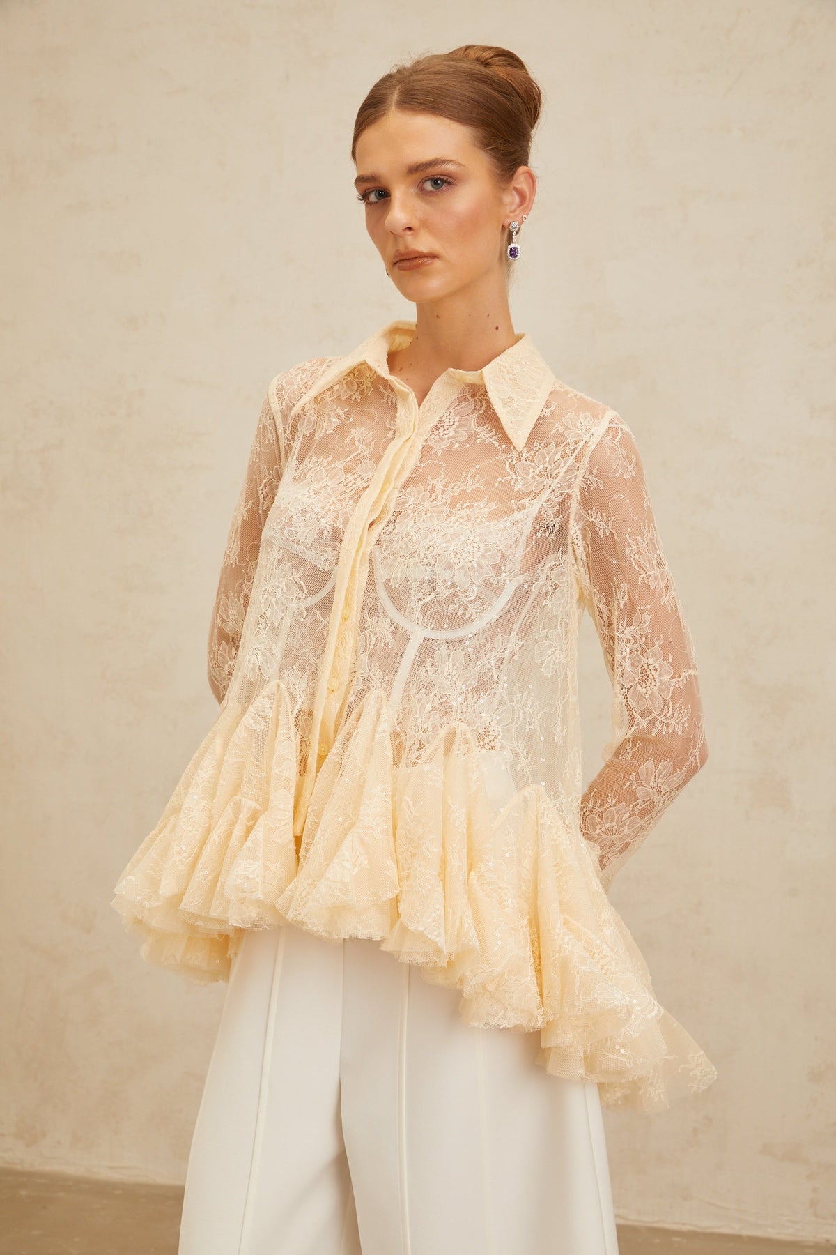 Ingrid Neutral Peplum Floral Lace Blouse