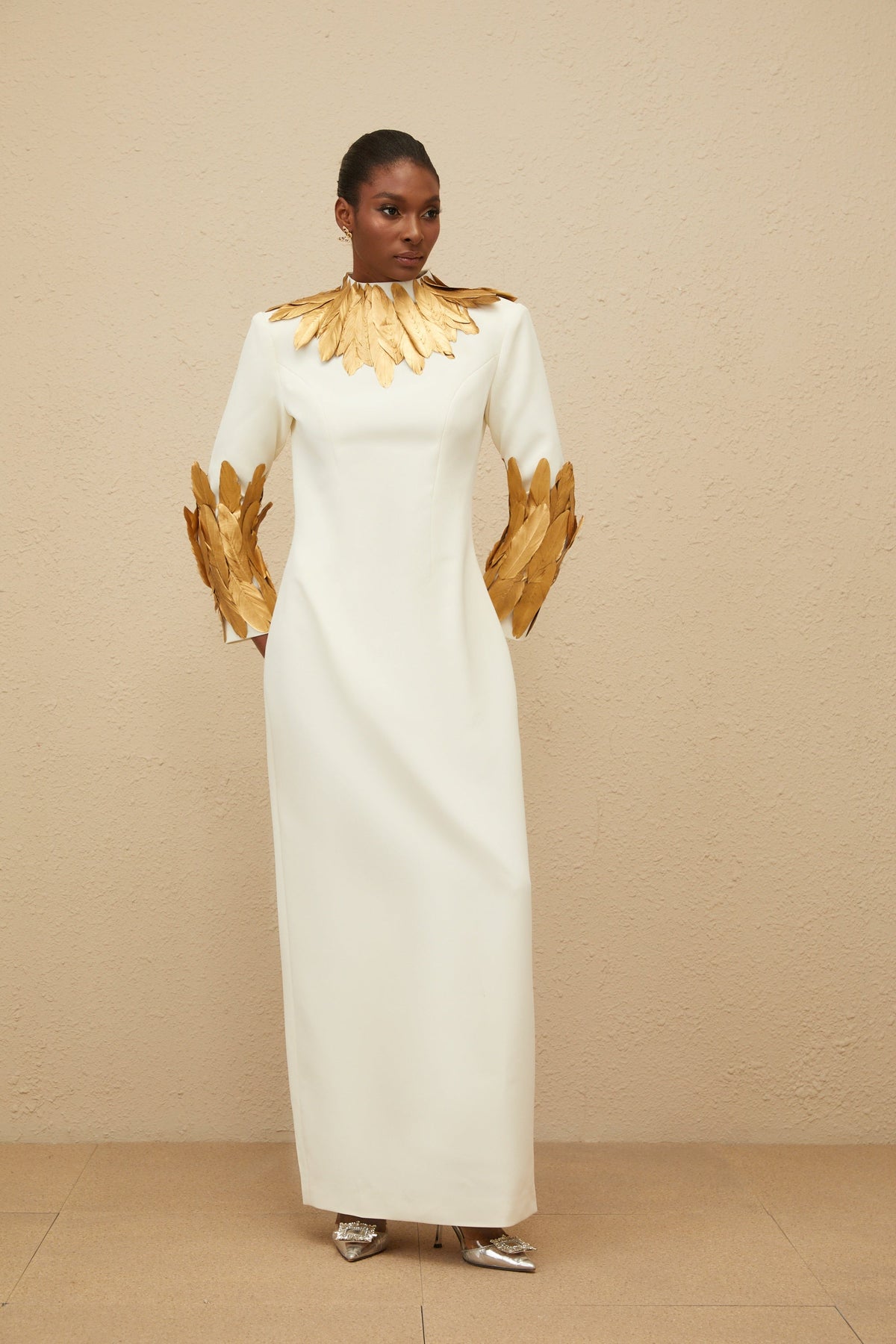 Nocturne White Feather-Trim Maxi Dress