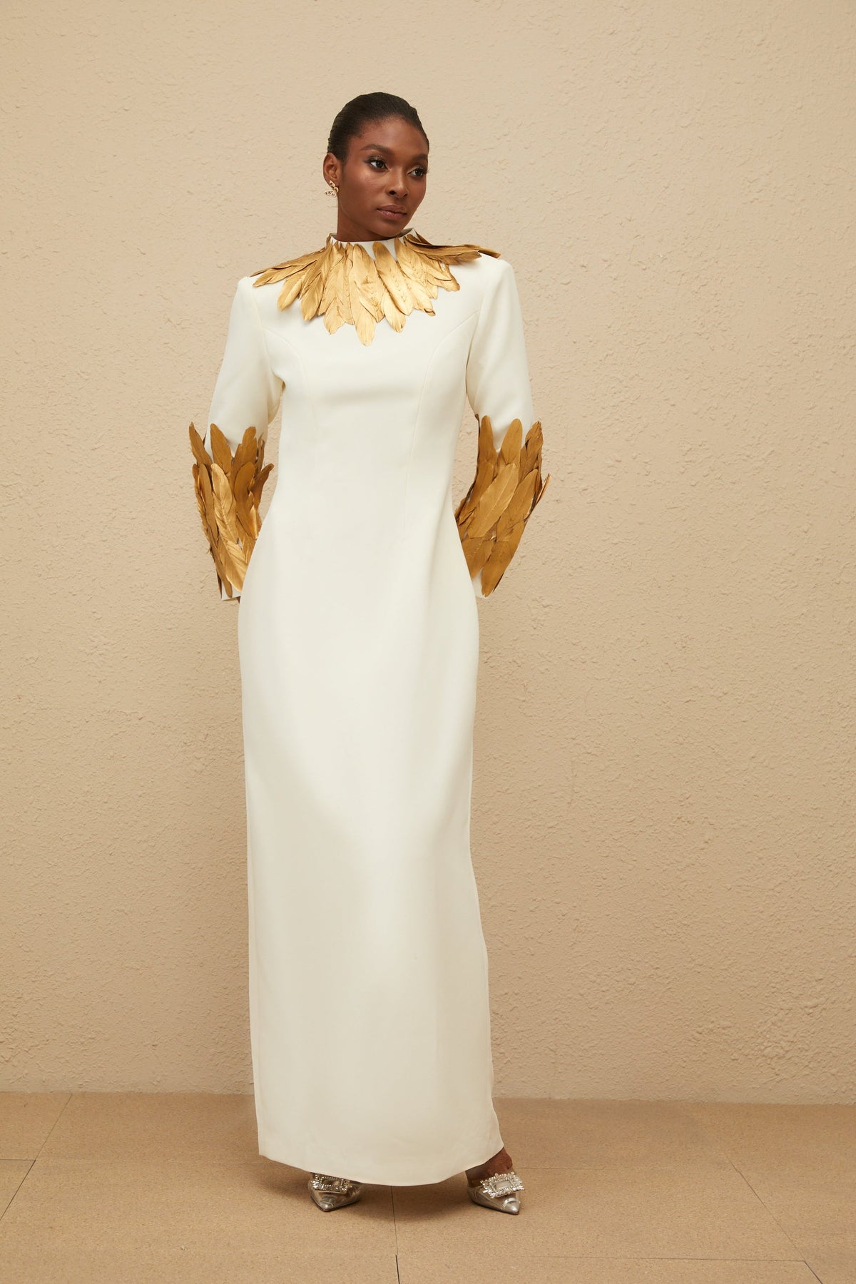 Nocturne White Feather-Trim Maxi Dress