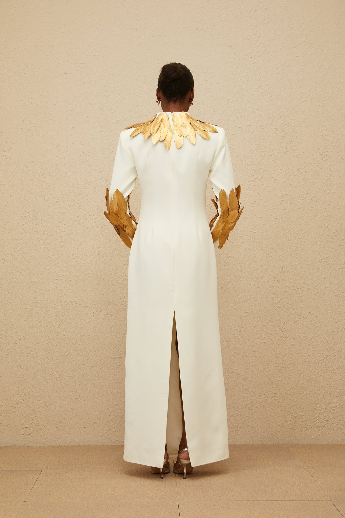 Nocturne White Feather-Trim Maxi Dress