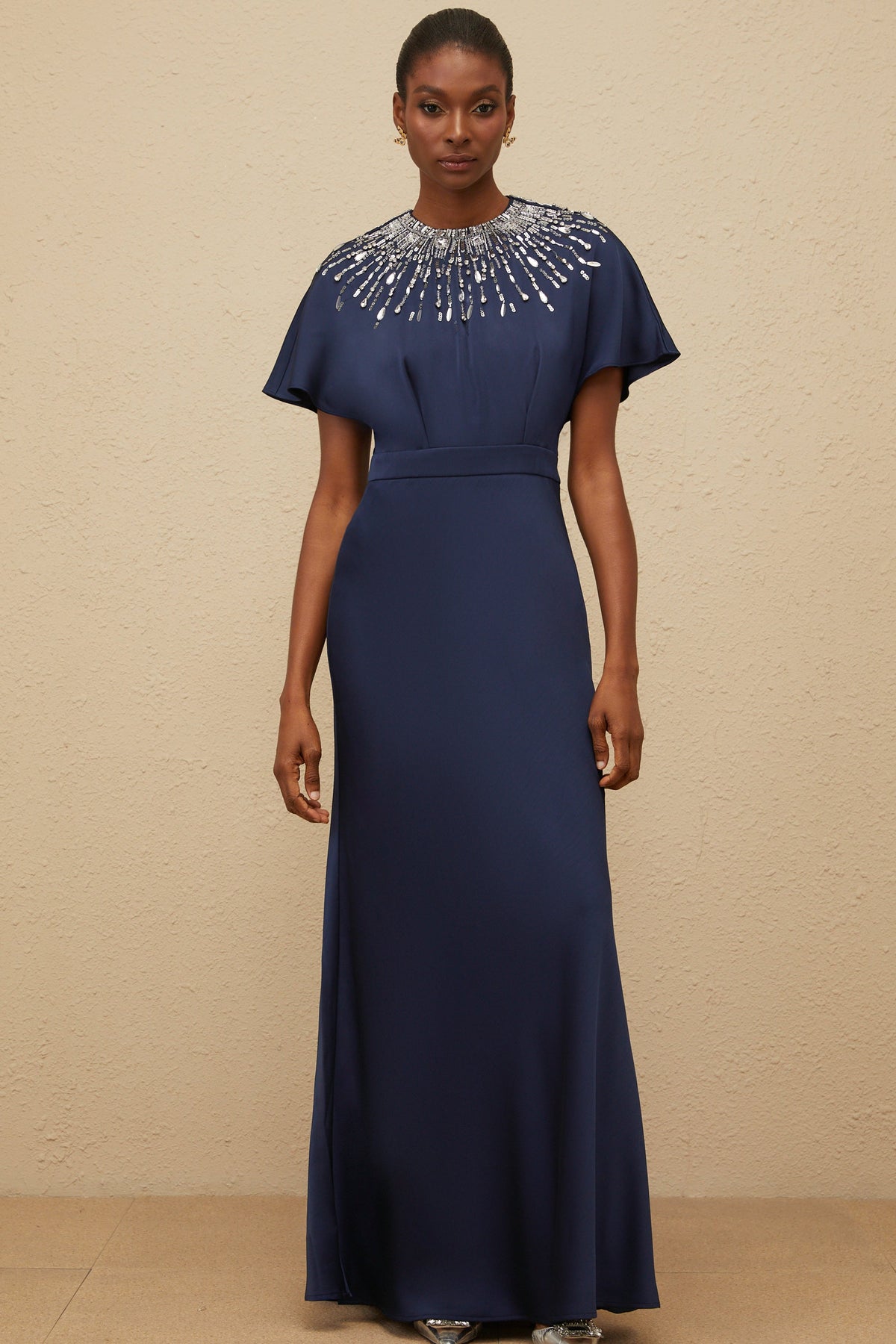 Ombrage Blue Embellished Satin Maxi Dress