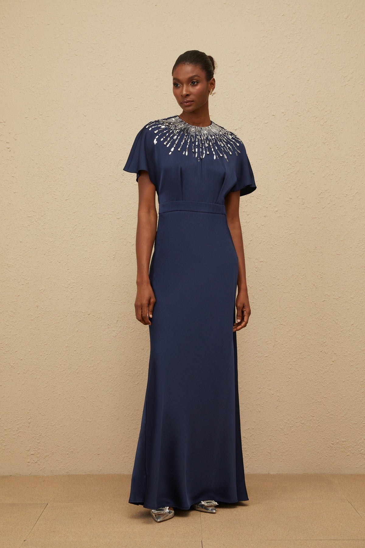Ombrage Blue Embellished Satin Maxi Dress