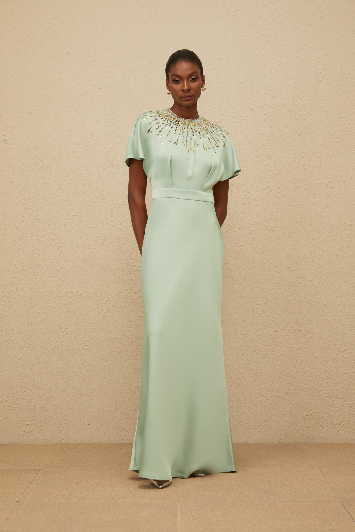 Ombrage Green Embellished Satin Maxi Dress