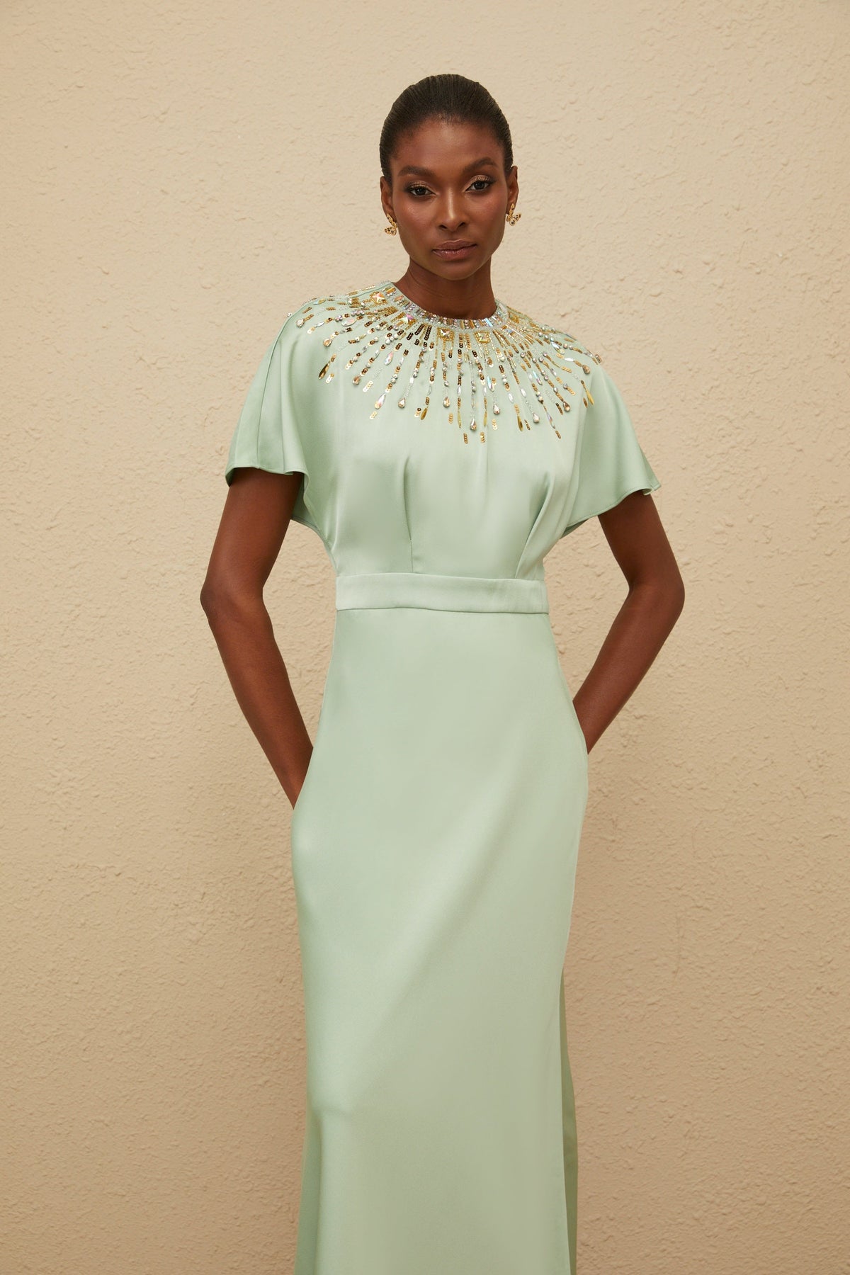 Ombrage Green Embellished Satin Maxi Dress