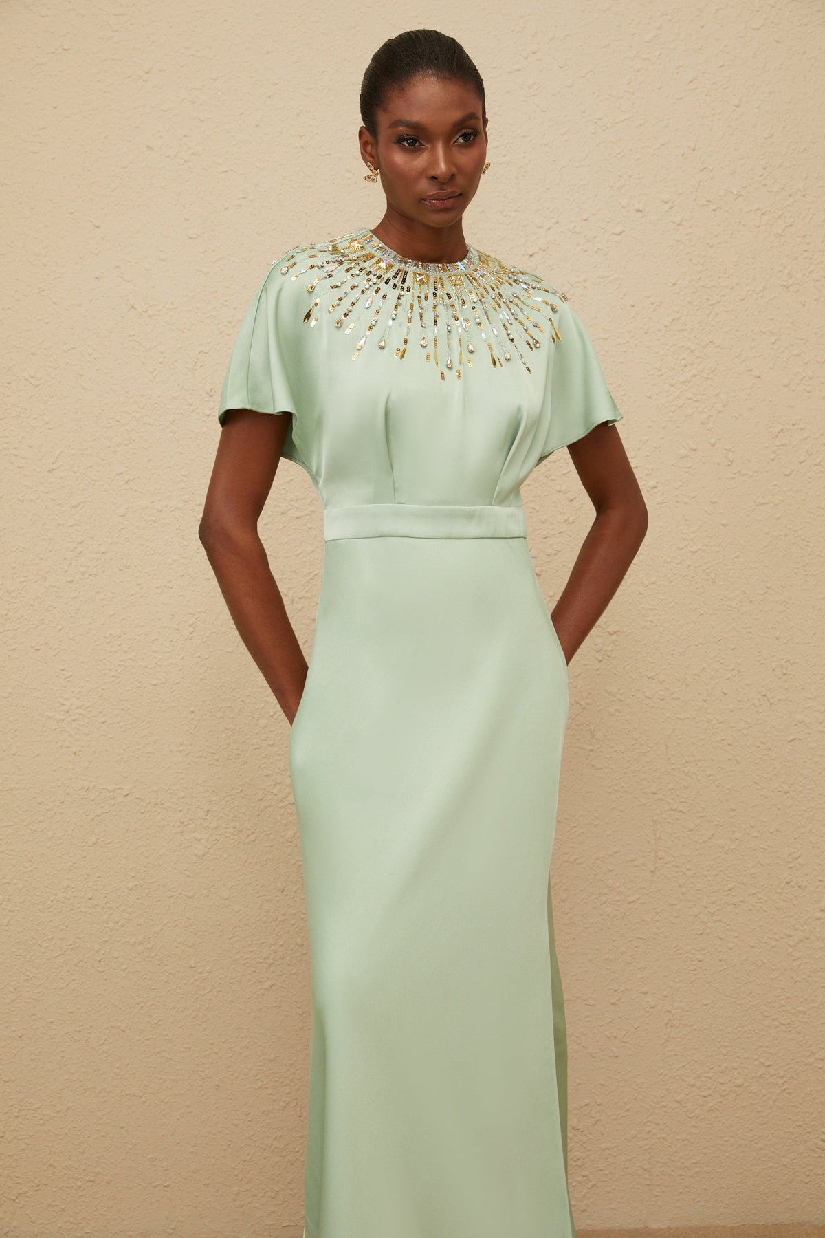 Ombrage Green Embellished Satin Maxi Dress