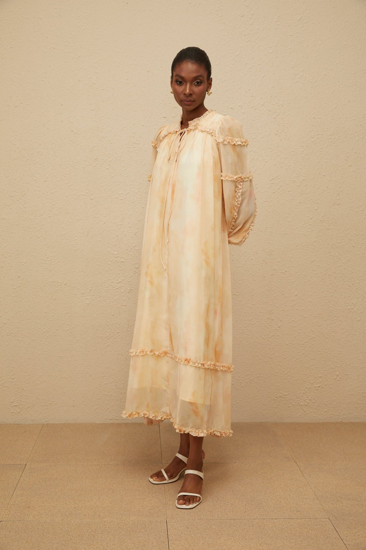 Lecollet Beige Ruffled Tie-Dye Midi Dress