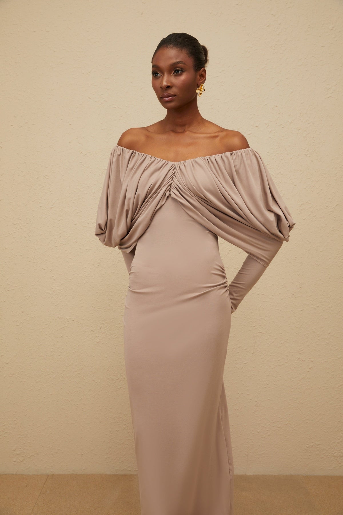 Roxane Grey Ruched Shift Midi Dress (Final Sale)
