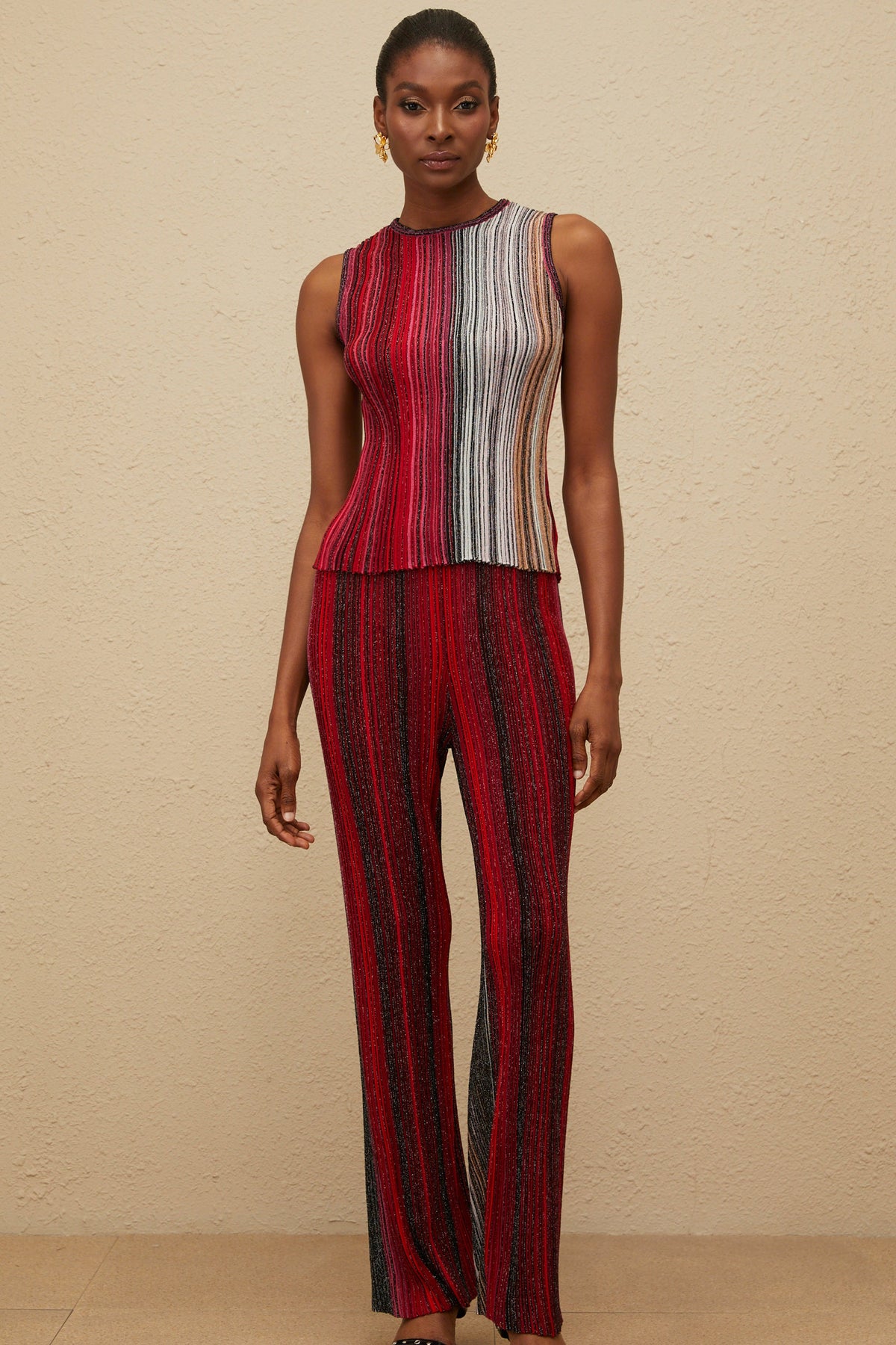 Ulysse Red Glitter Pleated Knit Top & Trousers Set