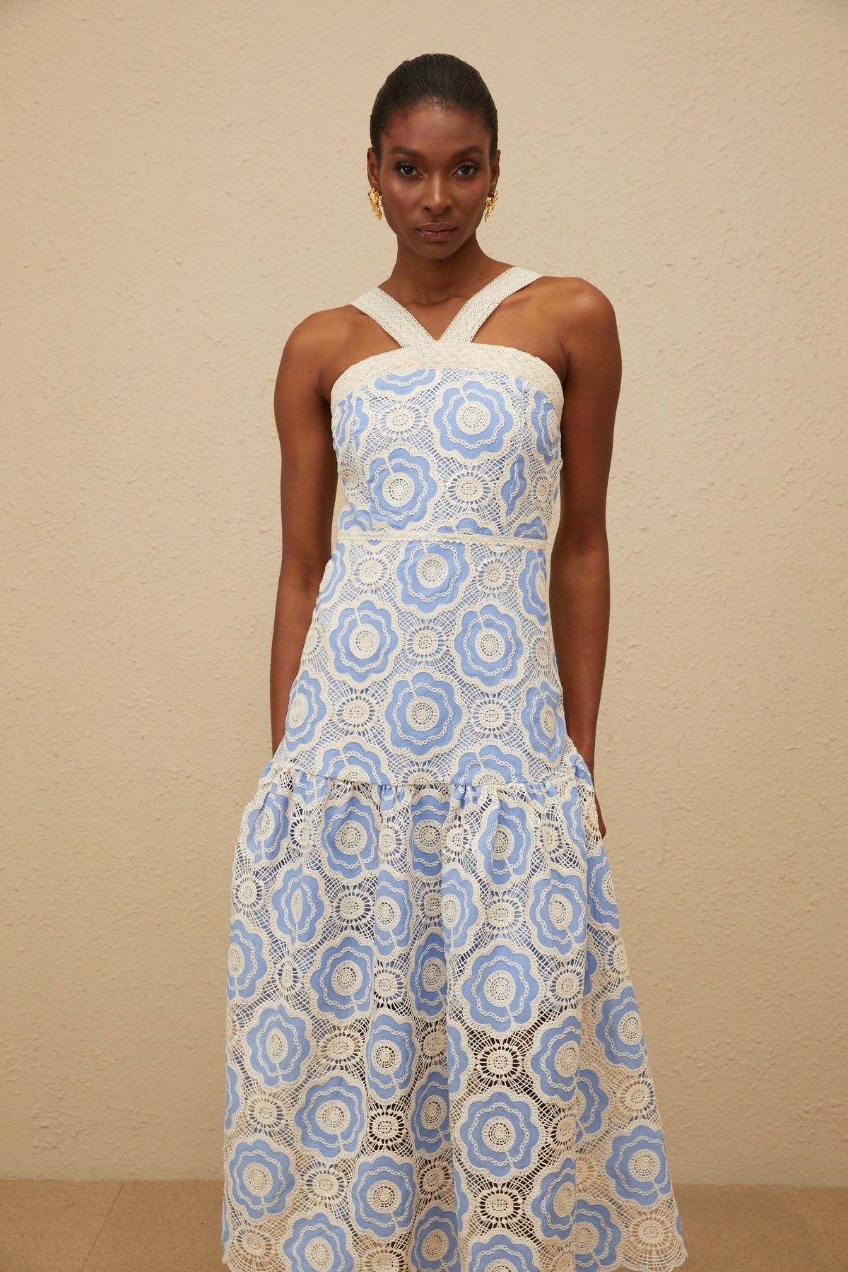 Frivole Blue Crochet Floral Midi Dress (Final Sale)