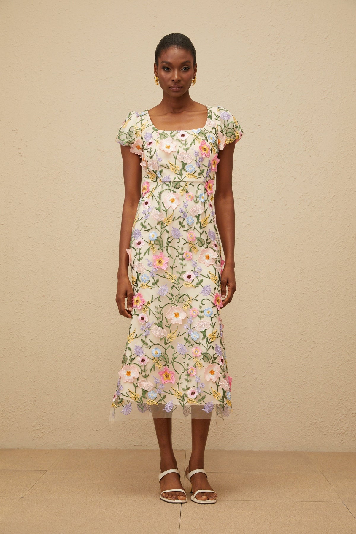 Enjouée Neutral Floral Embroidered Midi Dress (Final Sale-US Only)