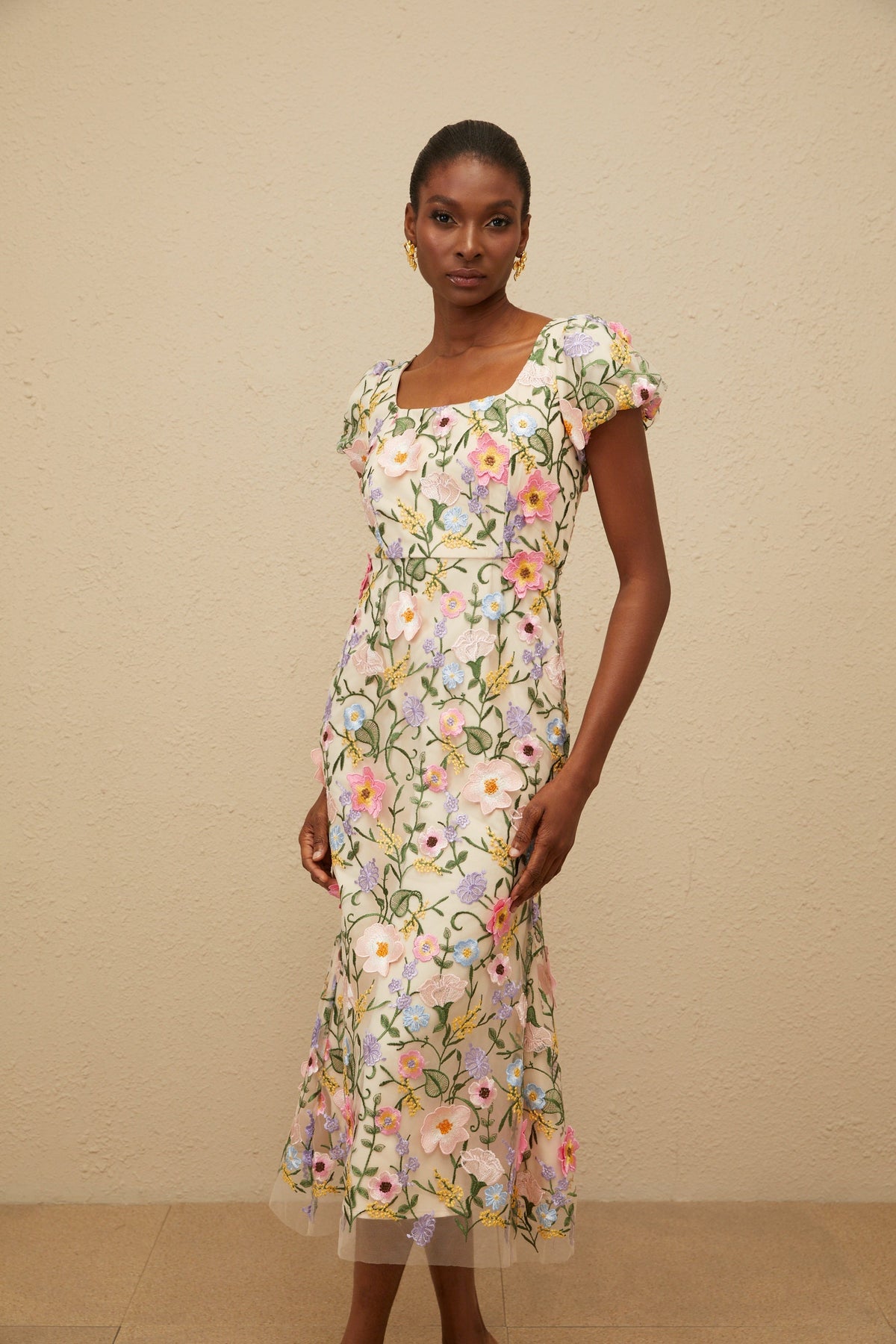Enjouée Neutral Floral Embroidered Midi Dress (Final Sale-US Only)