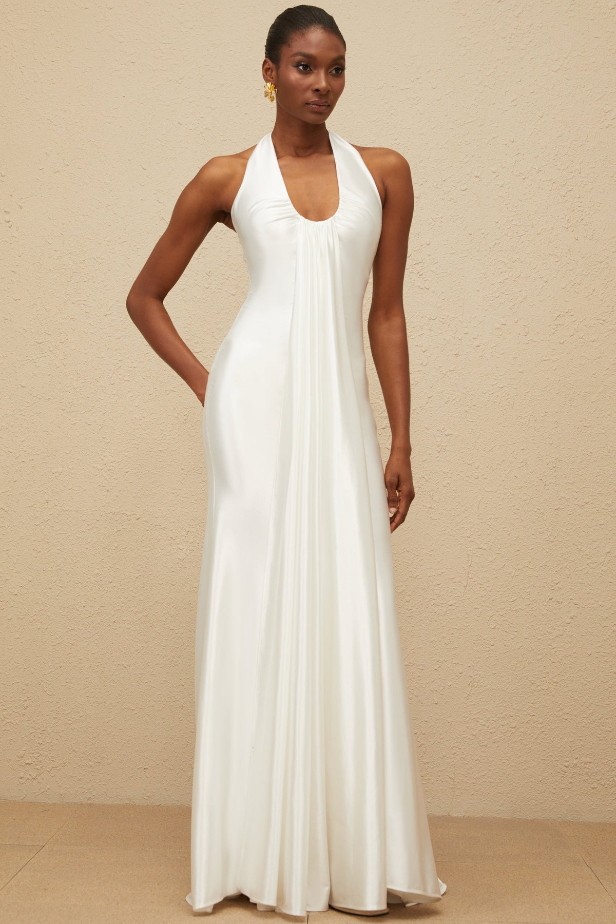 Céleste White Ruched Satin Maxi Dress (Final Sale-US Only)