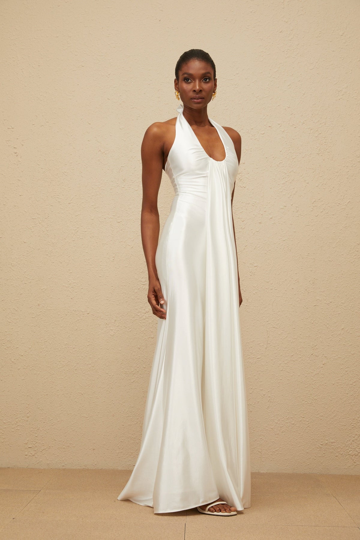 Céleste White Ruched Satin Maxi Dress