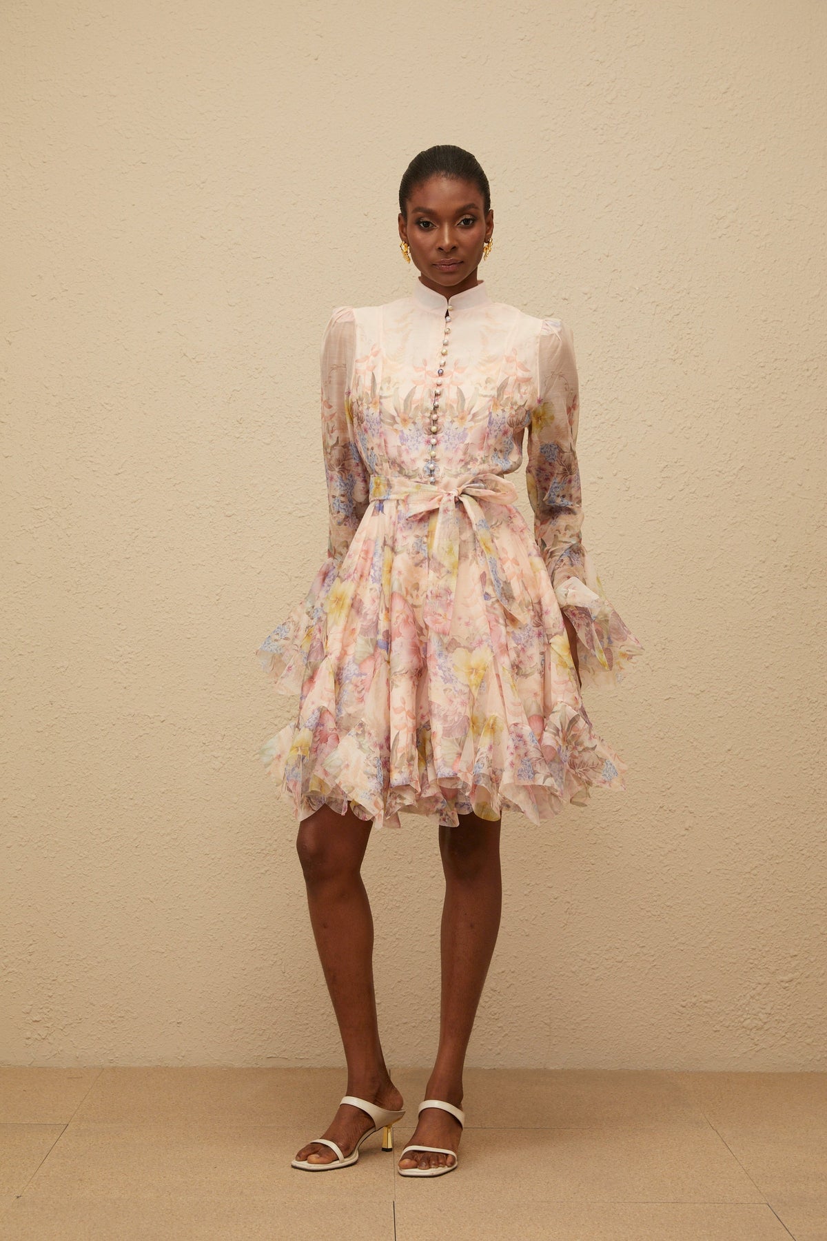 Aya Pink Godet Floral Mini Dress