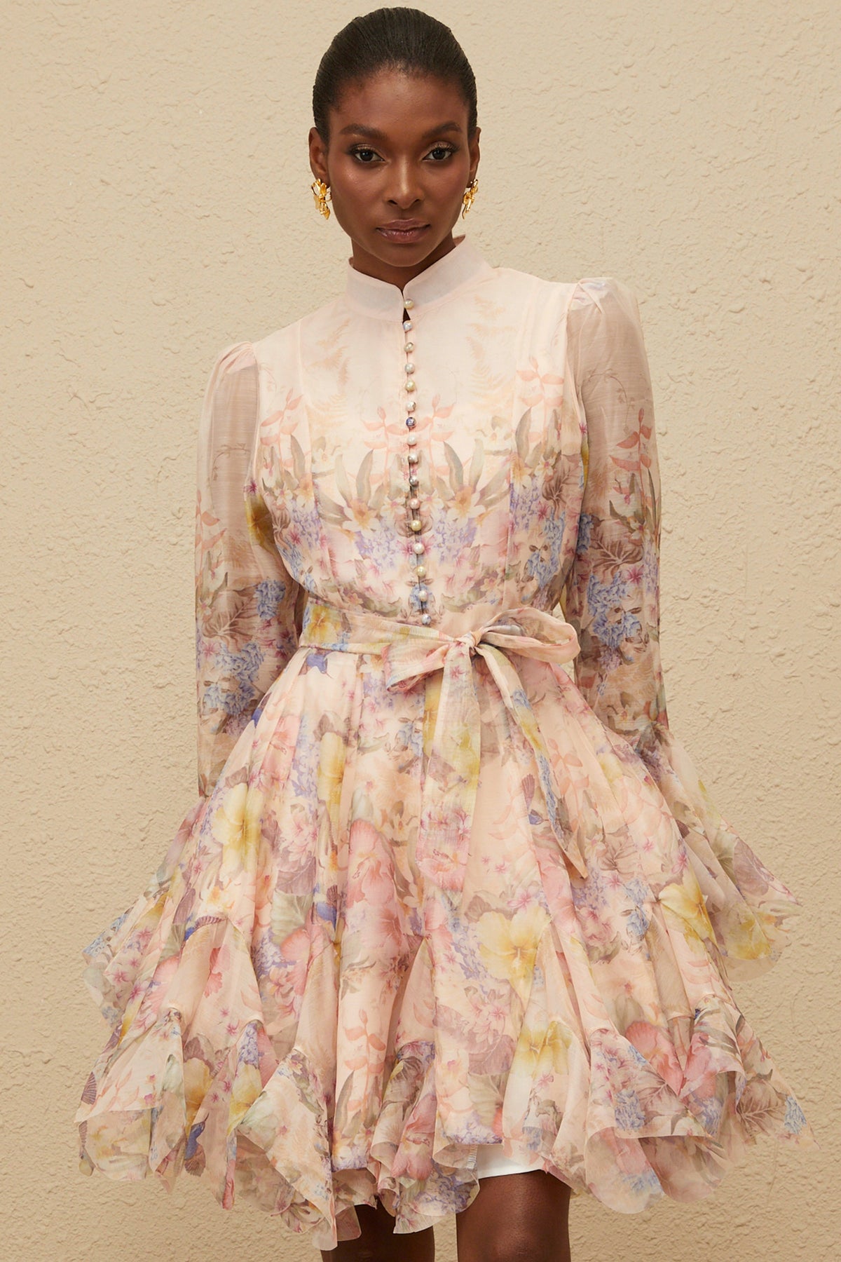 Aya Pink Godet Floral Mini Dress