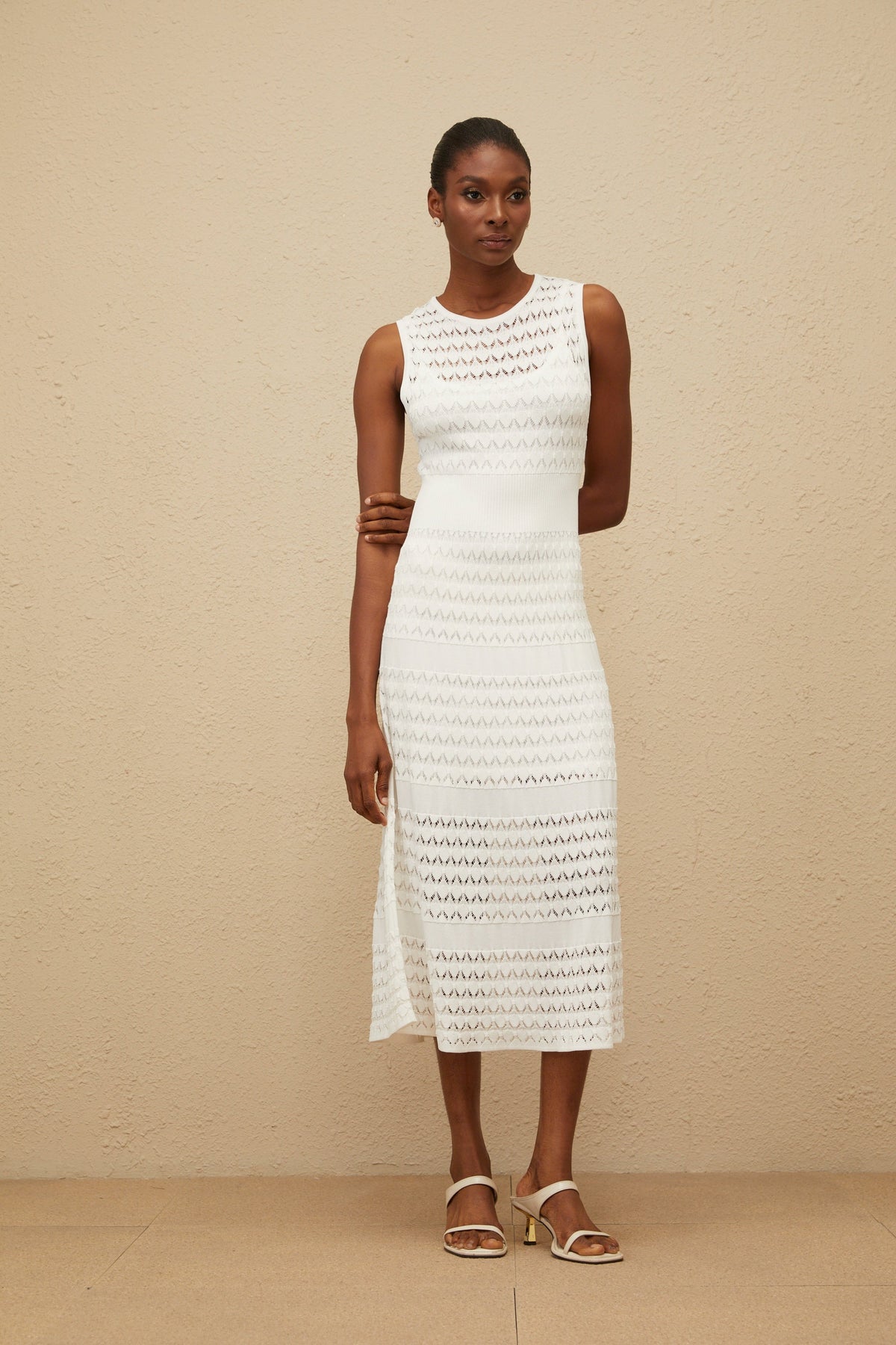 Clothilde White Shirred Crochet Knit Midi Dress