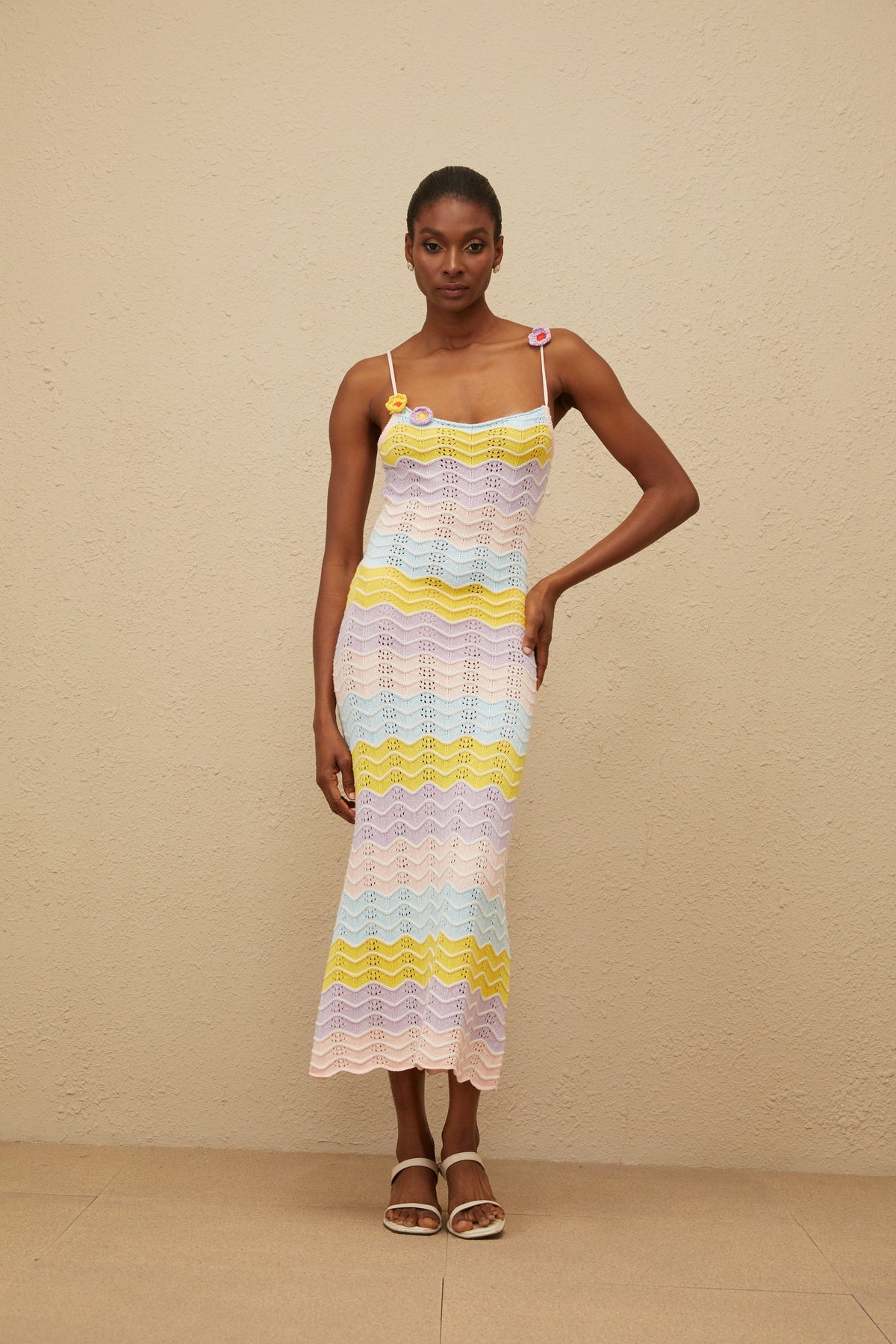 Véronique Pink Wave Knit Crochet Midi Dress (Final Sale)