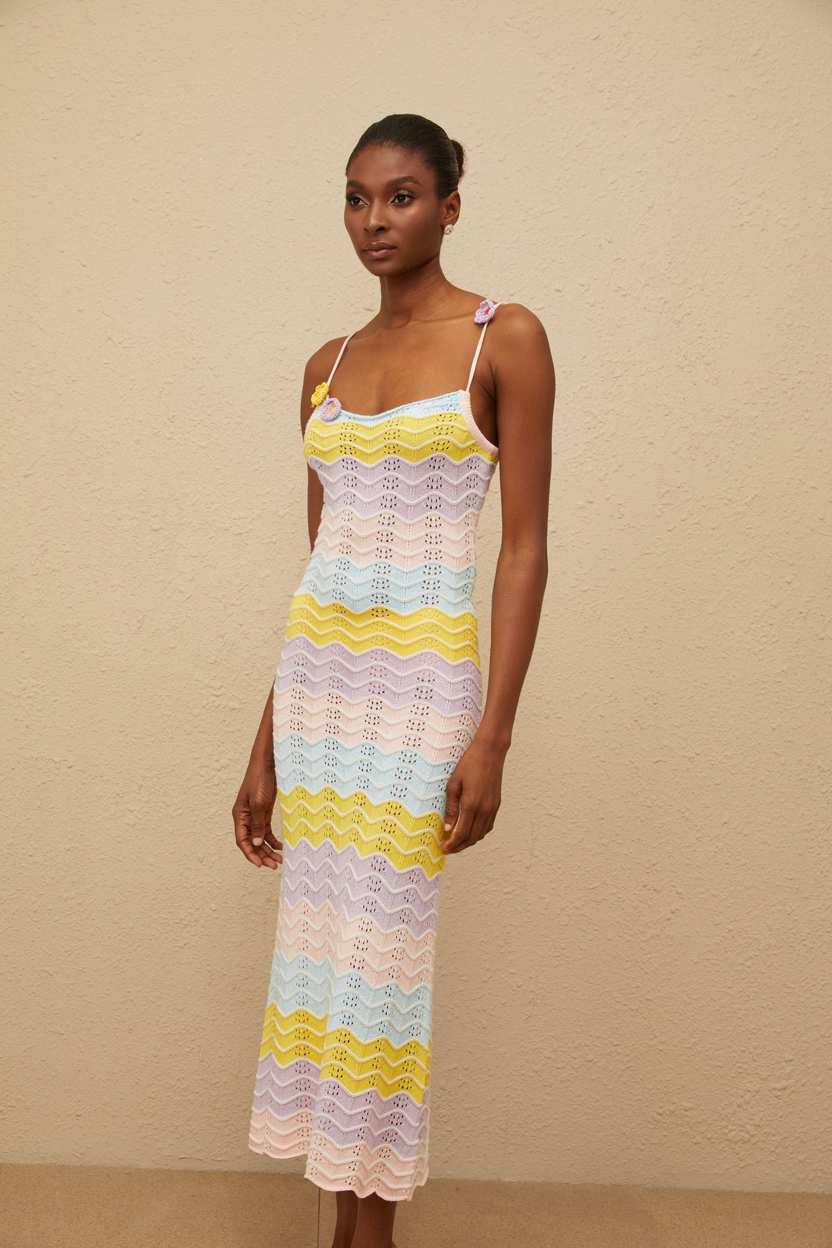 Véronique Pink Wave Knit Crochet Midi Dress (Final Sale)