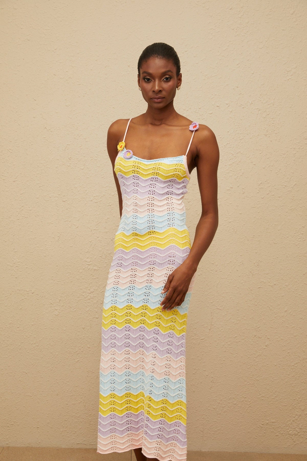 Véronique Pink Wave Knit Crochet Midi Dress (Final Sale)