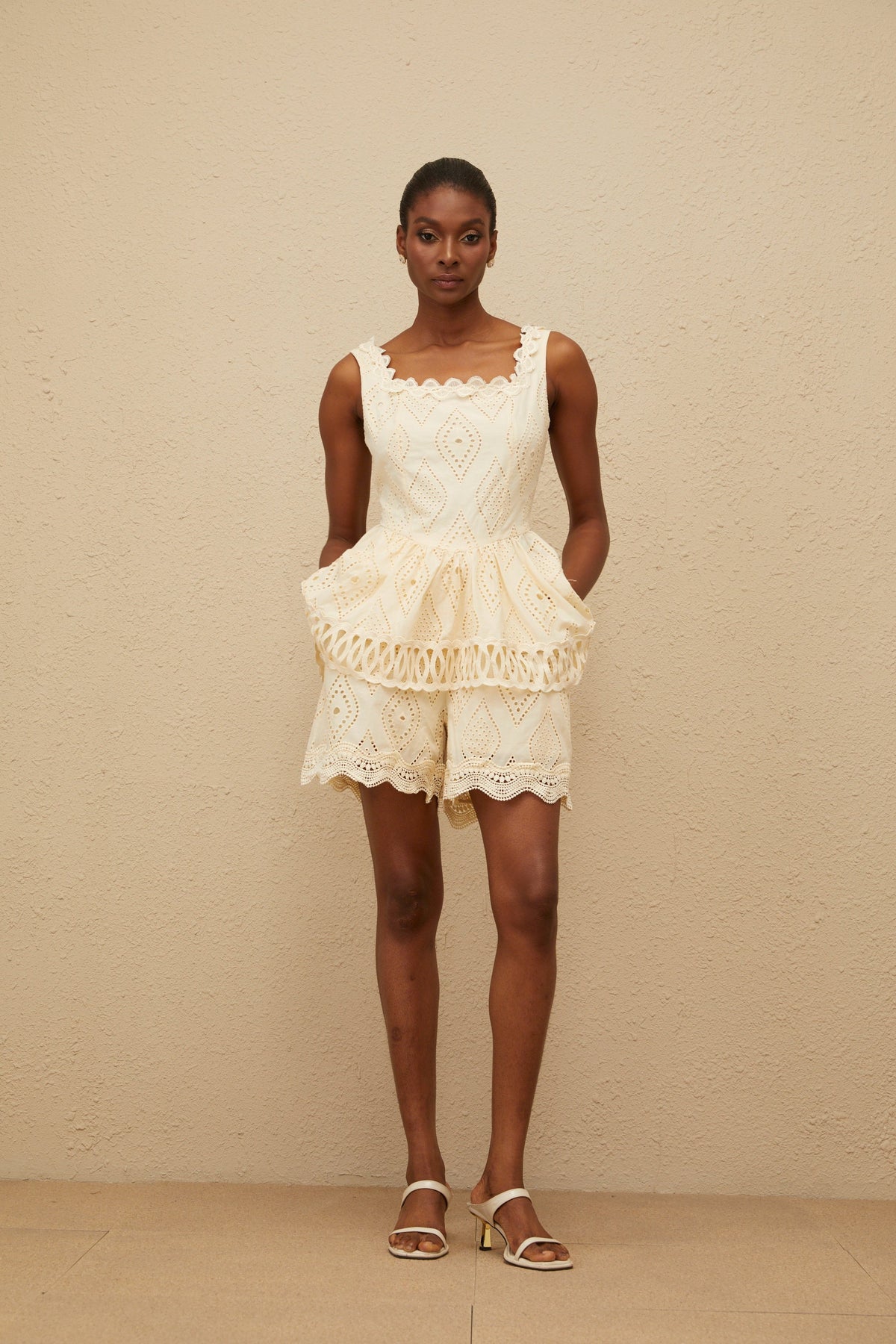 Katell Beige Embroidered Cutout Co-ord Set