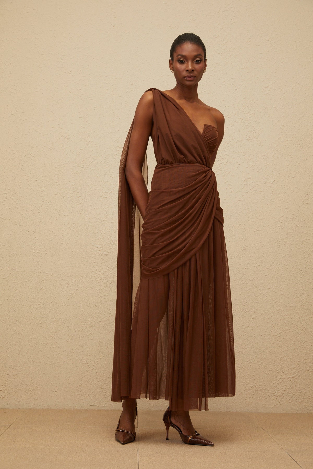 Agathe Brown Asymmetrical Evening Maxi Gown (Final Sale)