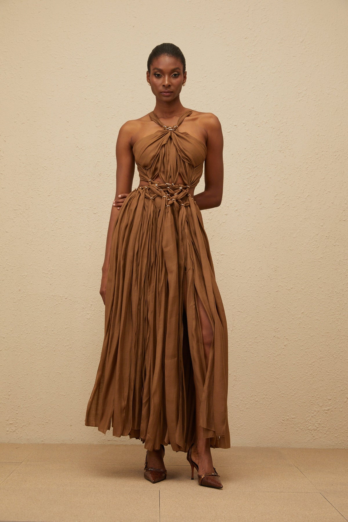 Déotille Brown Braided Cutout Shirred Midi Dress (Final Sale-US Only)