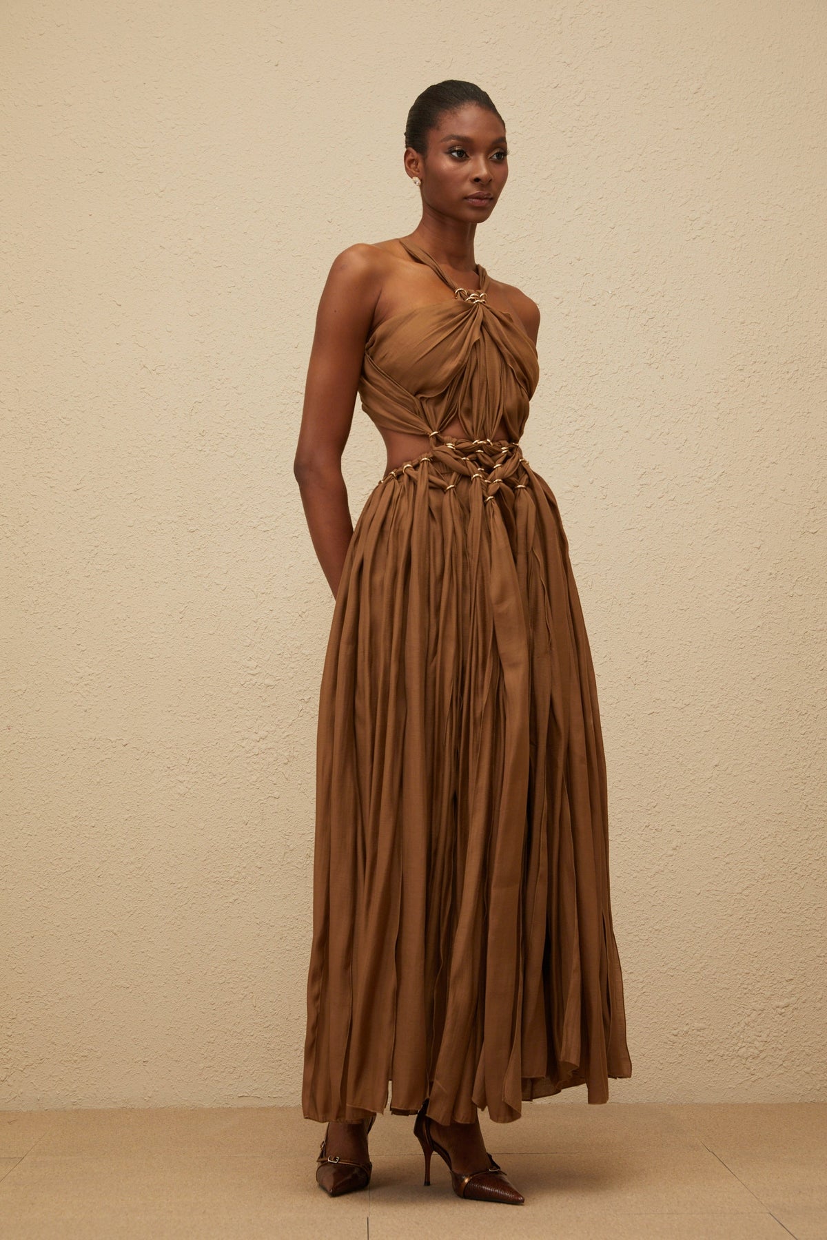 Déotille Brown Braided Cutout Shirred Midi Dress (Final Sale-US Only)