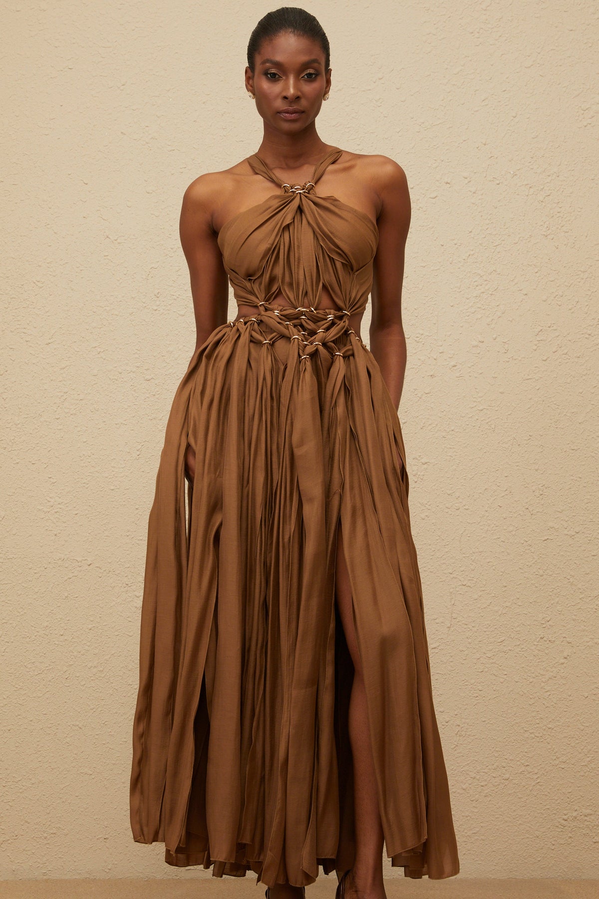 Déotille Brown Braided Cutout Shirred Midi Dress