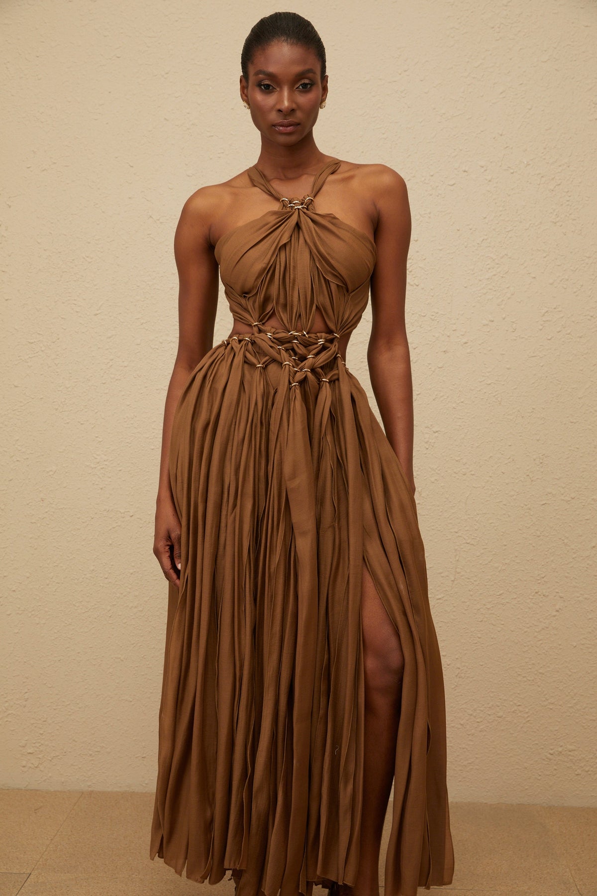 Déotille Brown Braided Cutout Shirred Midi Dress (Final Sale-US Only)