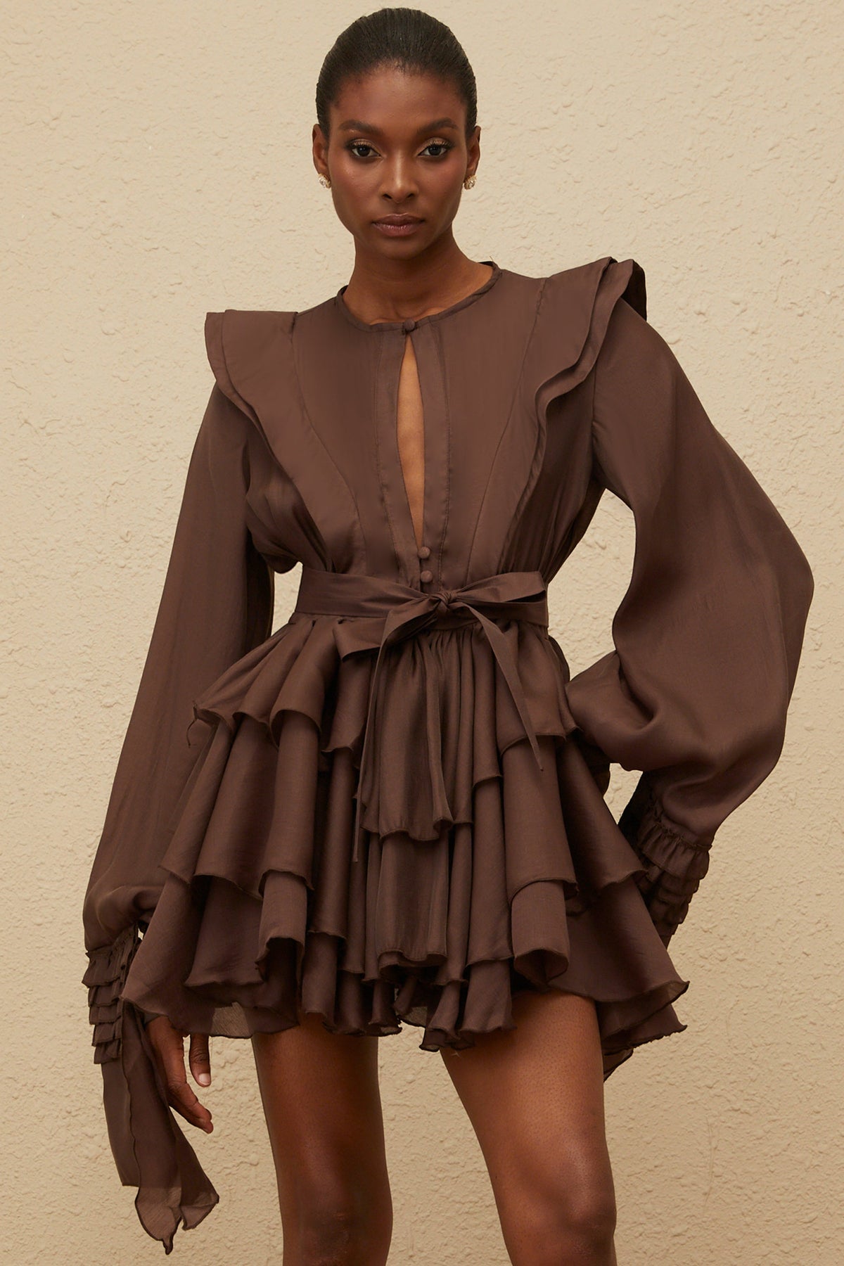 Annabelle Brown Cutout Ruffled Mini Dress