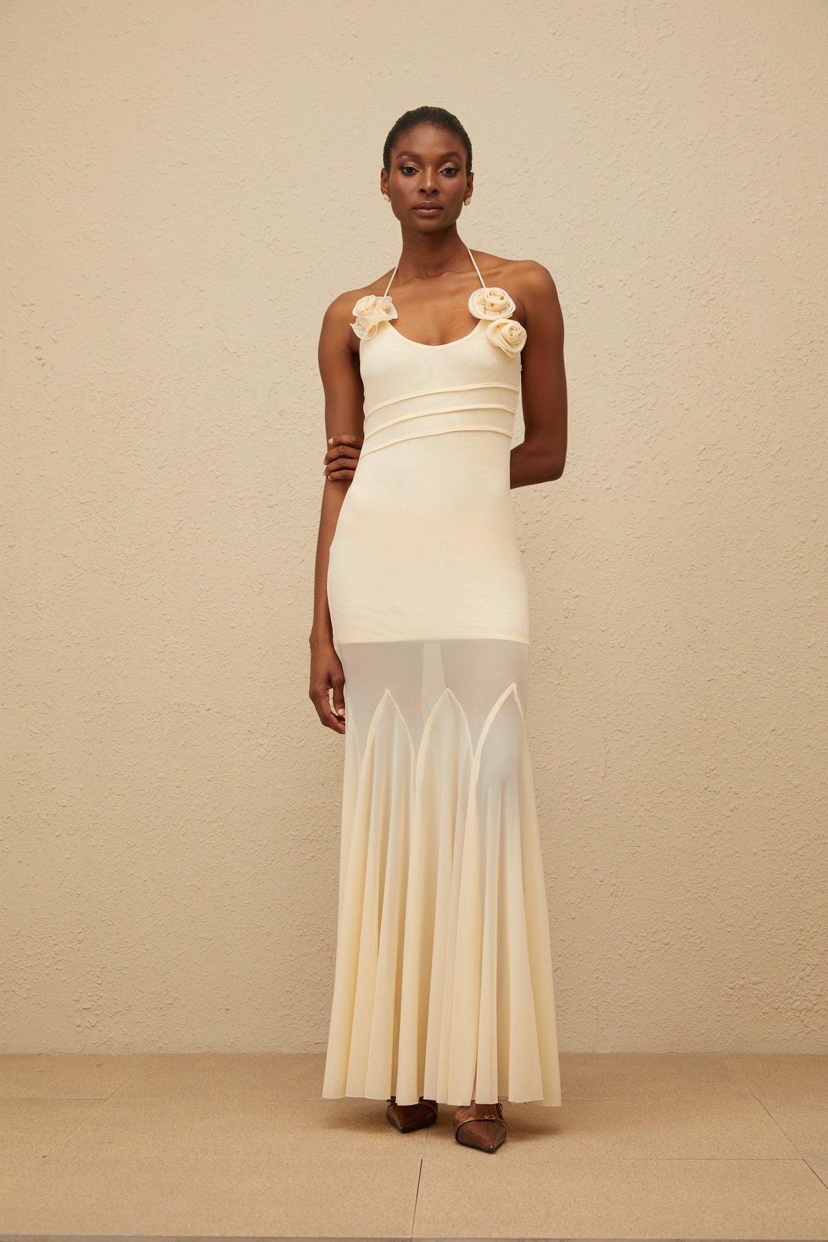 Vague Neutral 3D Petal Mesh Maxi Dress
