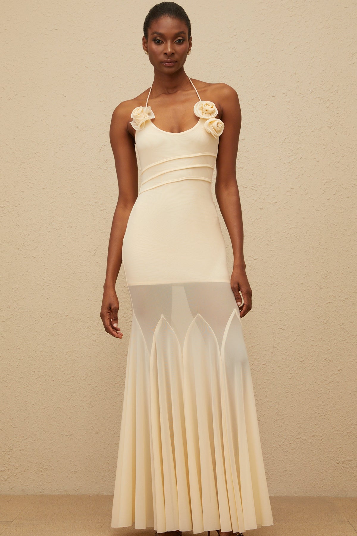 Vague Neutral 3D Petal Mesh Maxi Dress