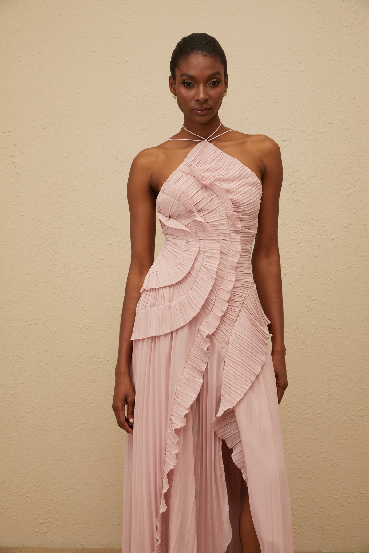Doux Pink Ruffled Trim Pleated Midi Dress
