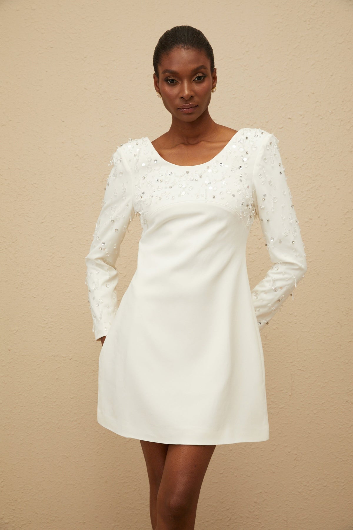 Aurore White Embellished A-line Mini Dress