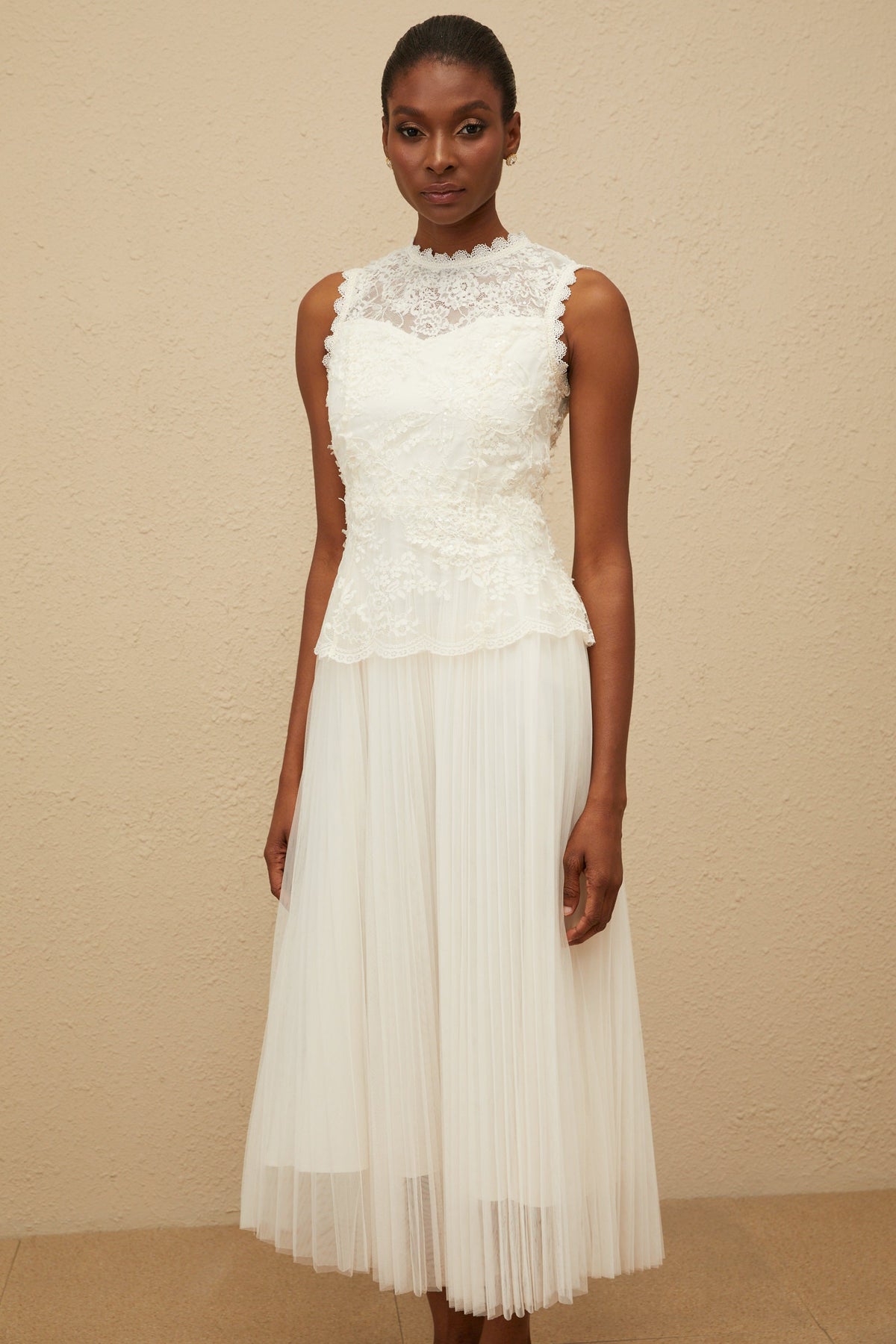Léopoldine Floral Lace Tulle Panel Midi Dress