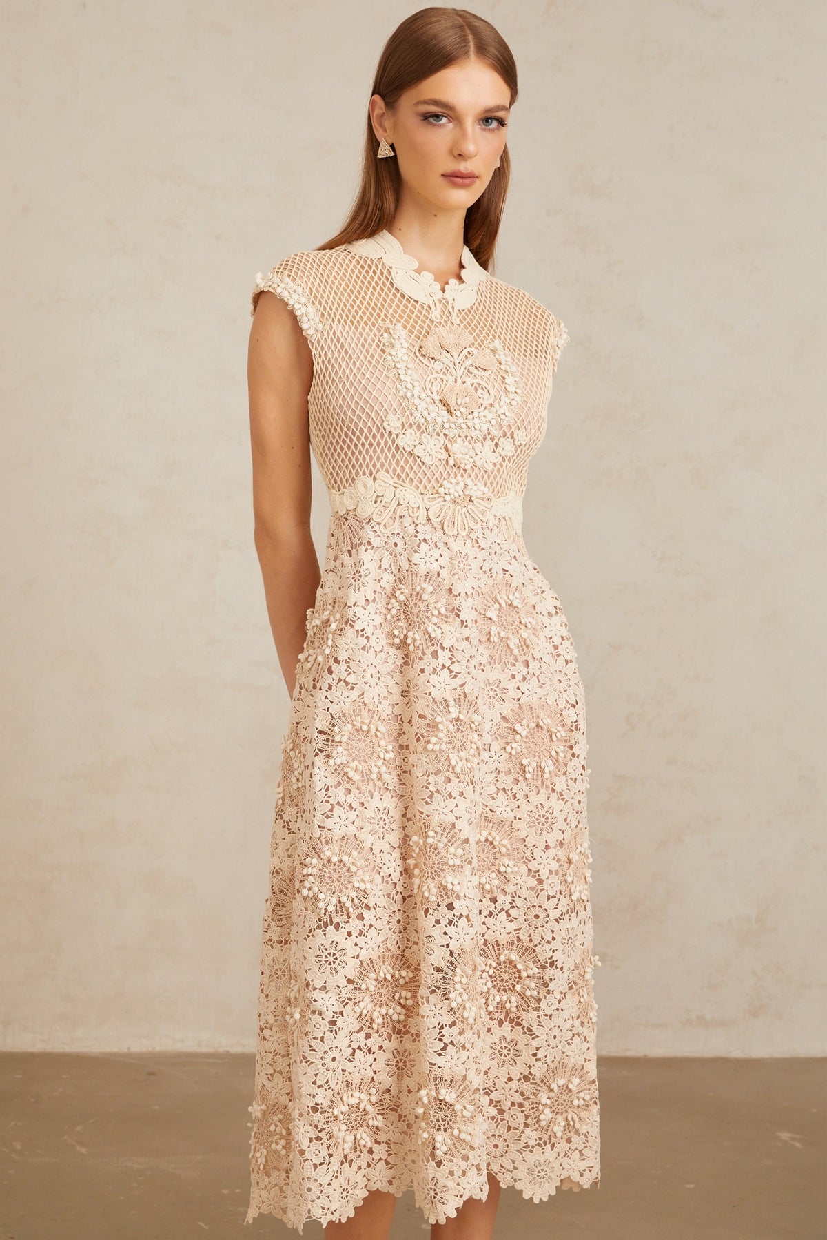 Capucine Braid Detail Corded Lace Midi Dress